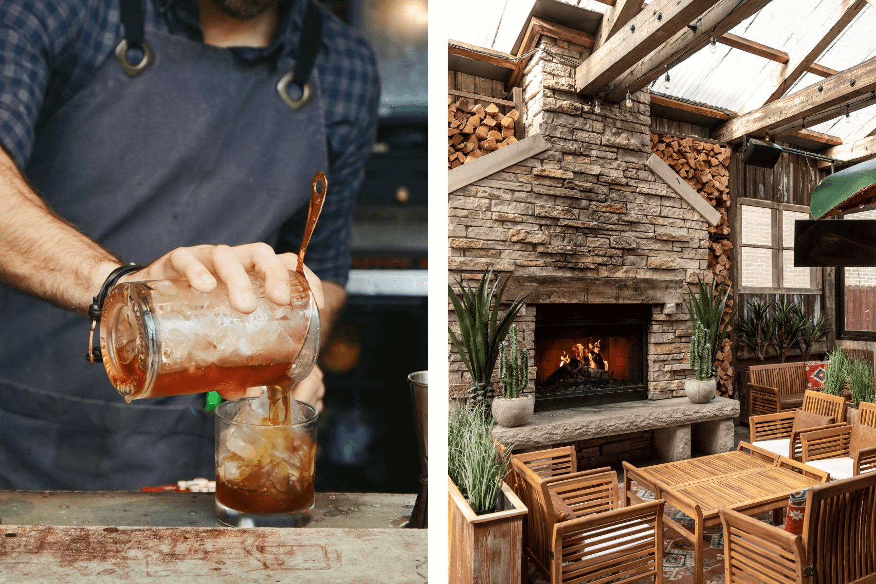 Left: A bartender pouring a drink; Right: The fireplace at Frontier.