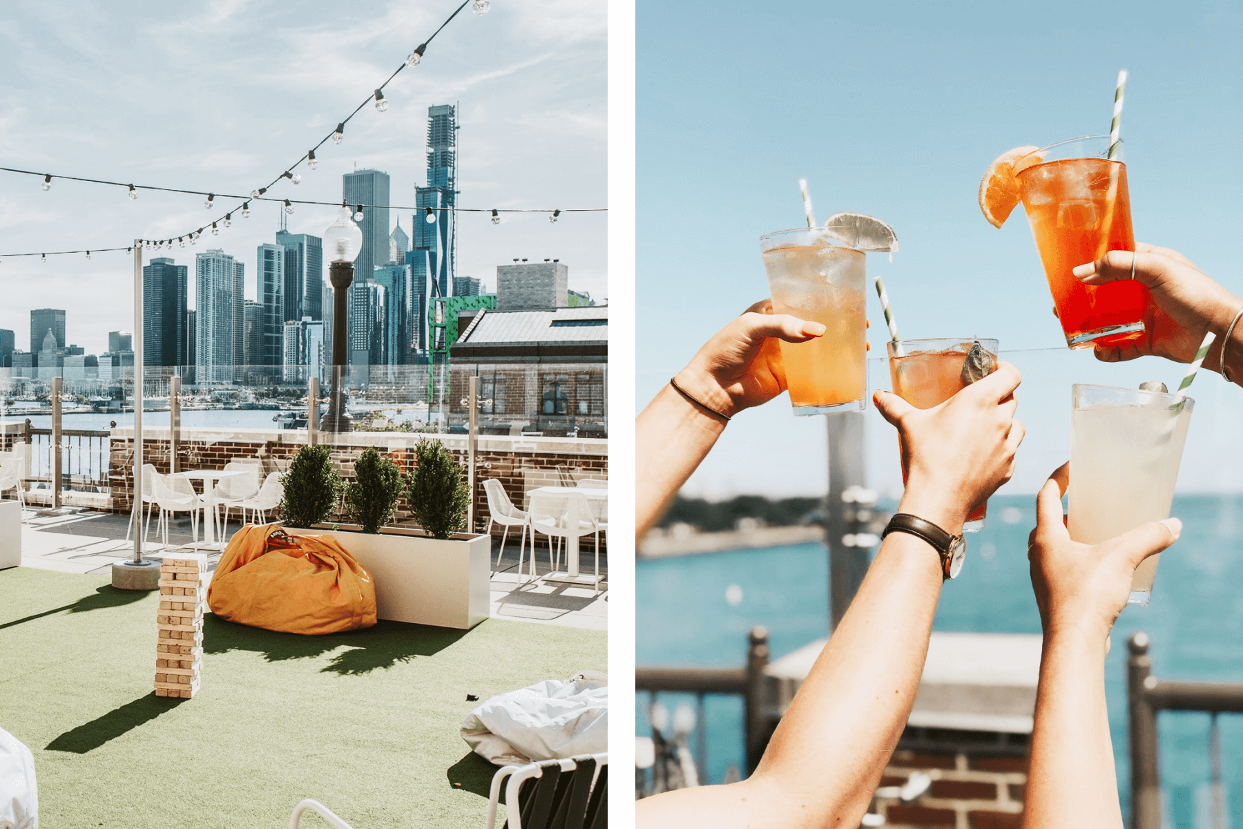 Left: The rooftop at Offshore; Right: Four people cheersing with a lake in the background.