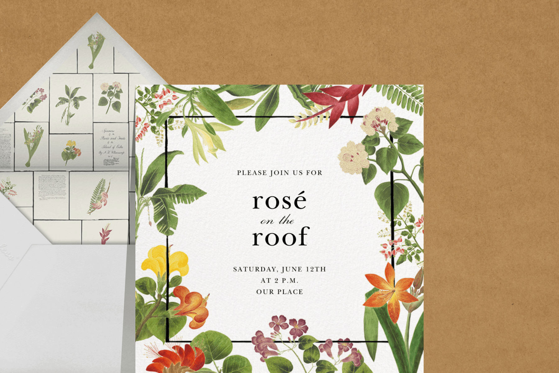 A happy hour invitation featuring bright botanicals.