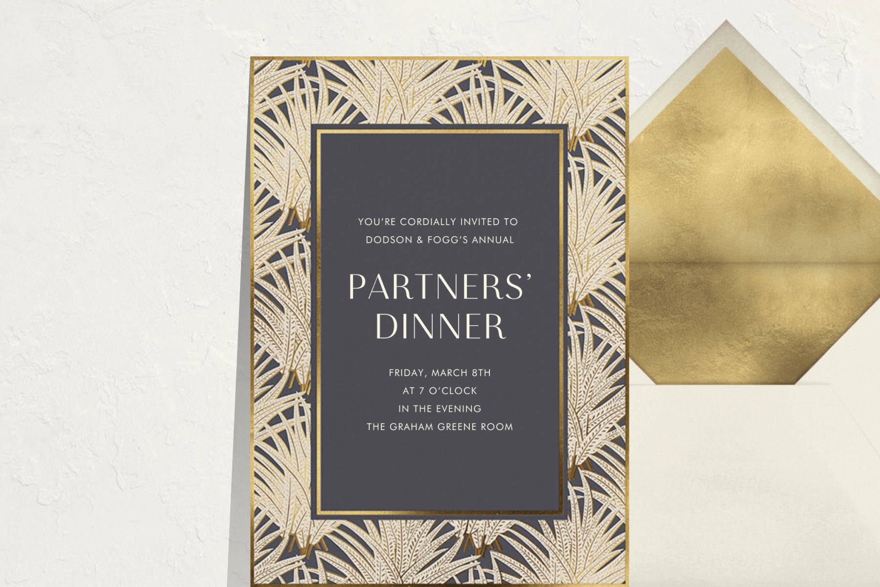 A professional invitation featuring a border of gold palm leaves.
