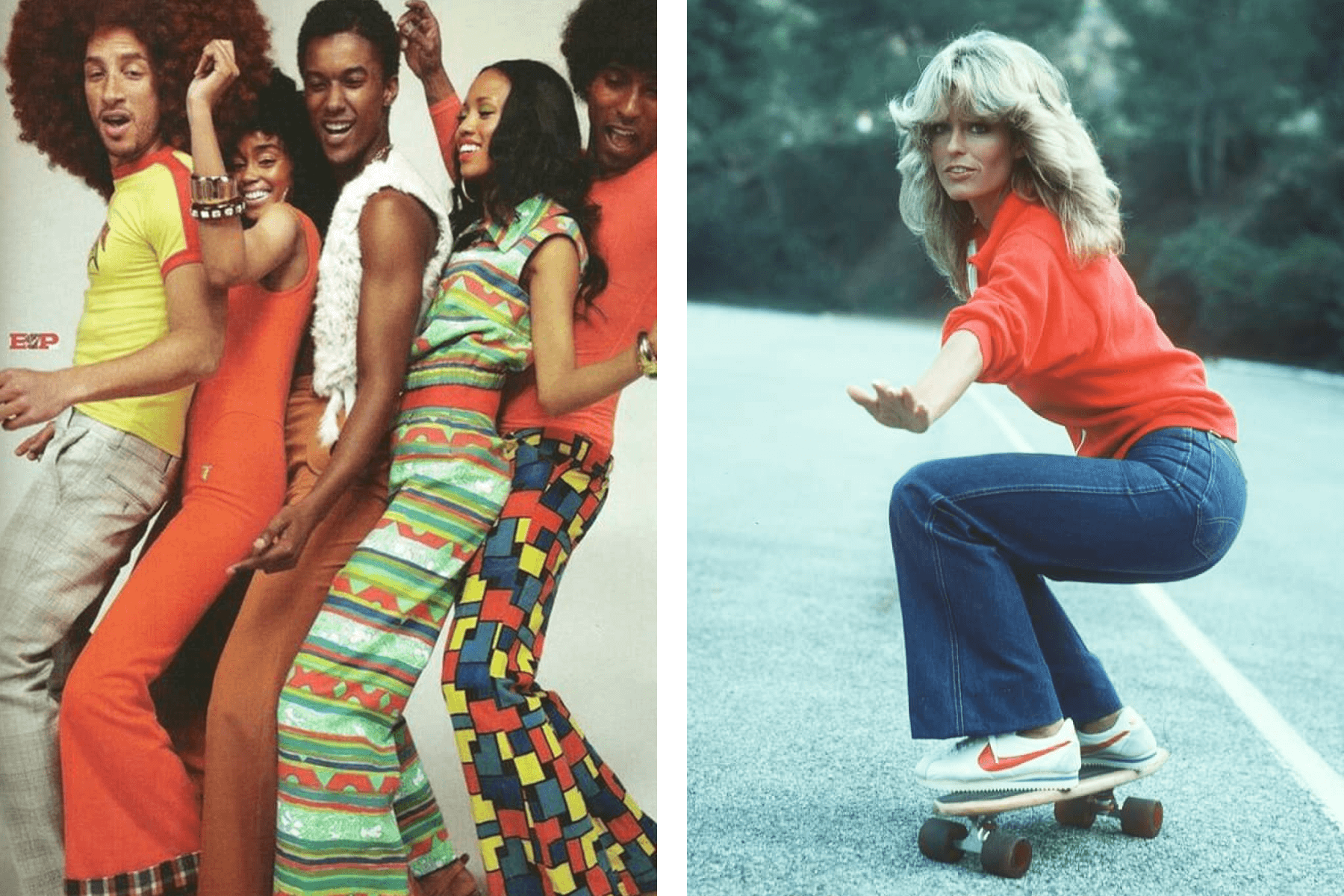 Alt text left: Five people in ​​colorful ’70s clothing dance. Right: Farah Fawcett balances on a skate board.