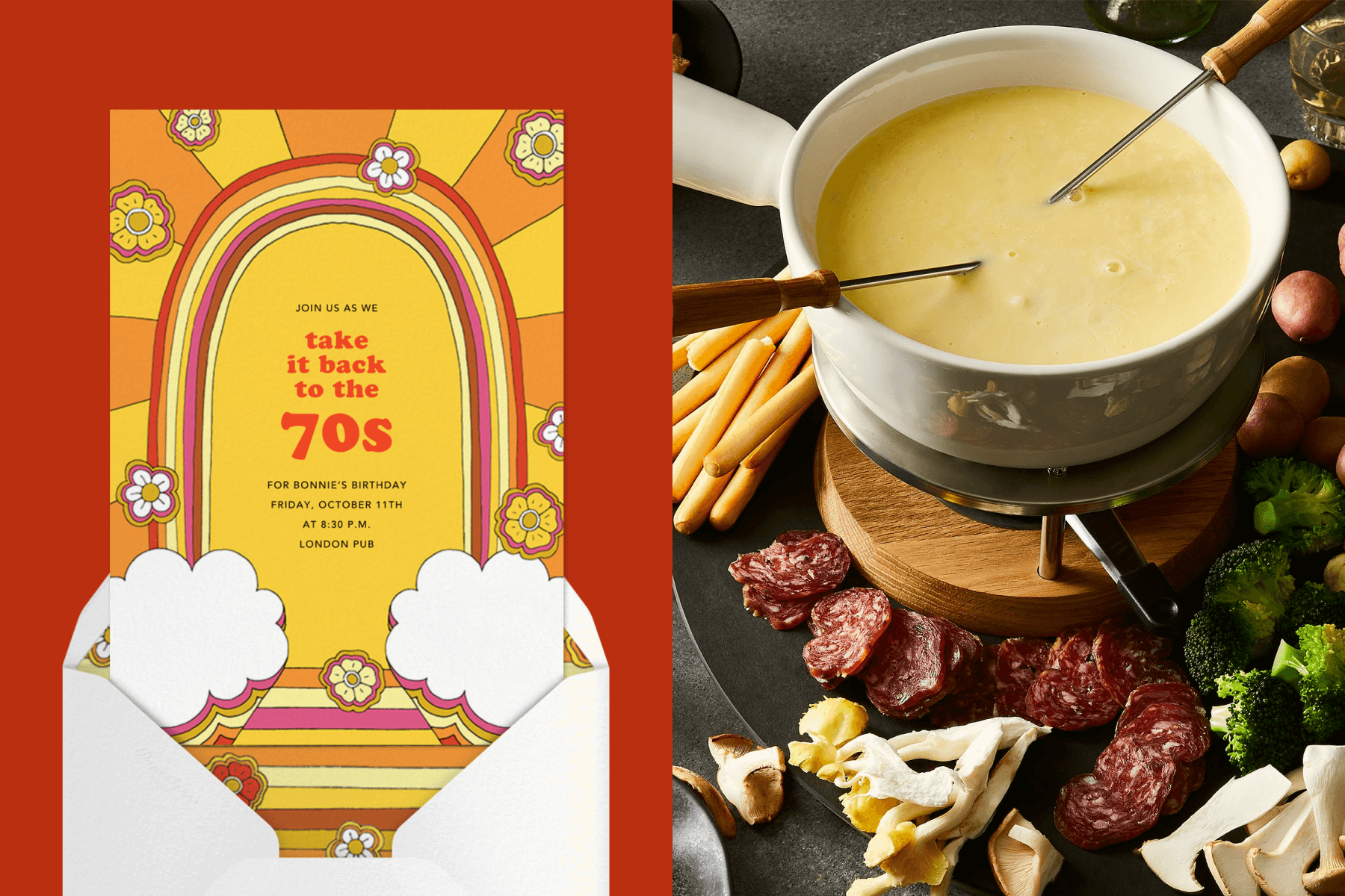 left: A party invitation with ’70s-style pop illustration in bright sunshine colors. Right: Cheese fondue.