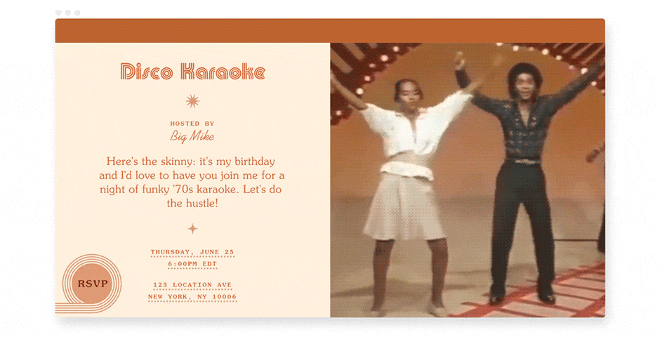 An online invitation with two people performing disco dance moves.