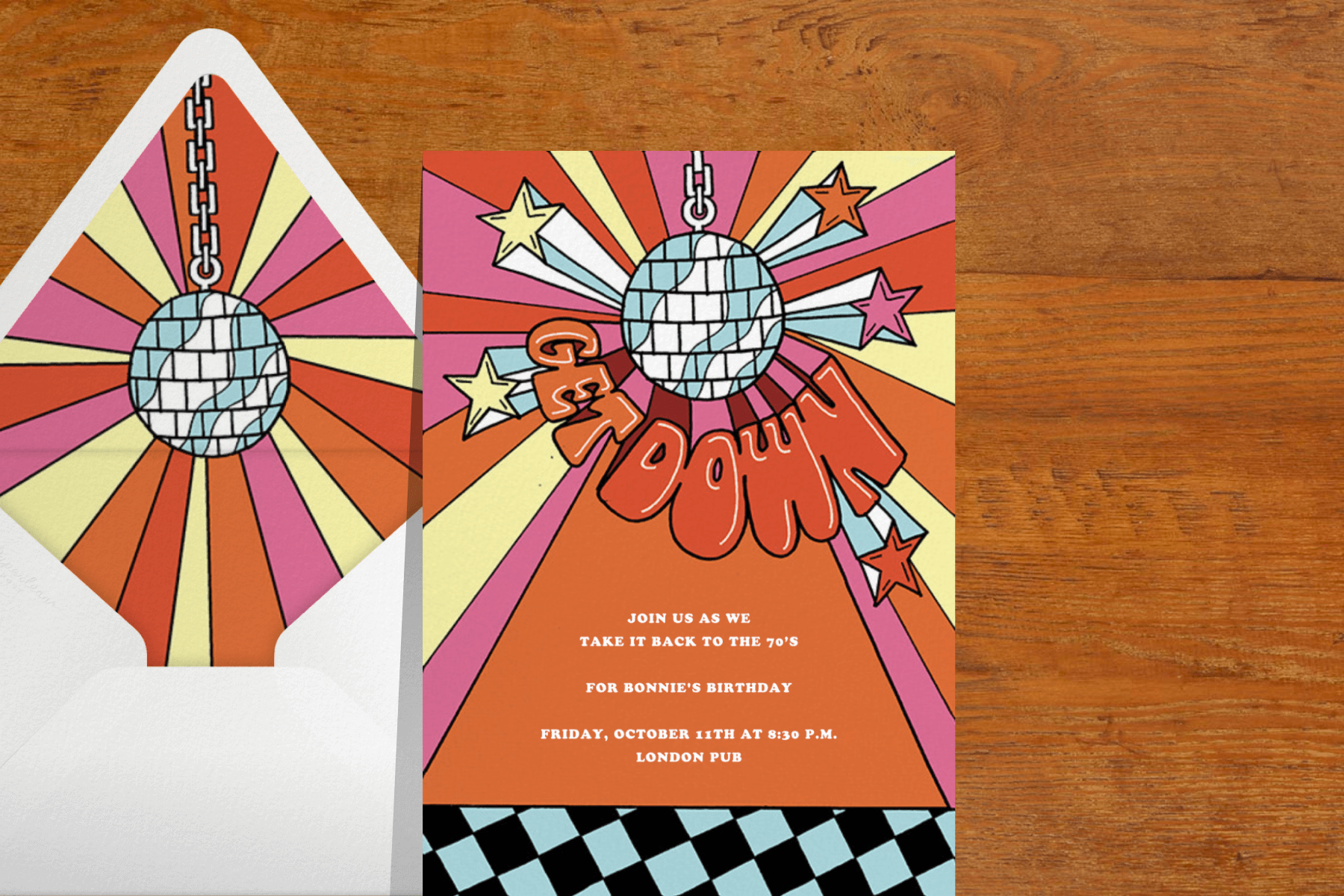 A party invitation with colorful pop art artwork and a disco ball.