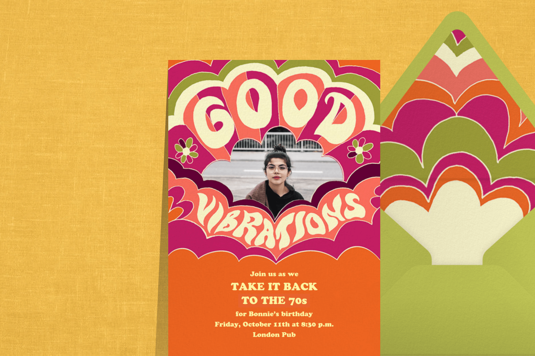 A party invitation in bright colors with the words “Good Vibrations” illustrated.