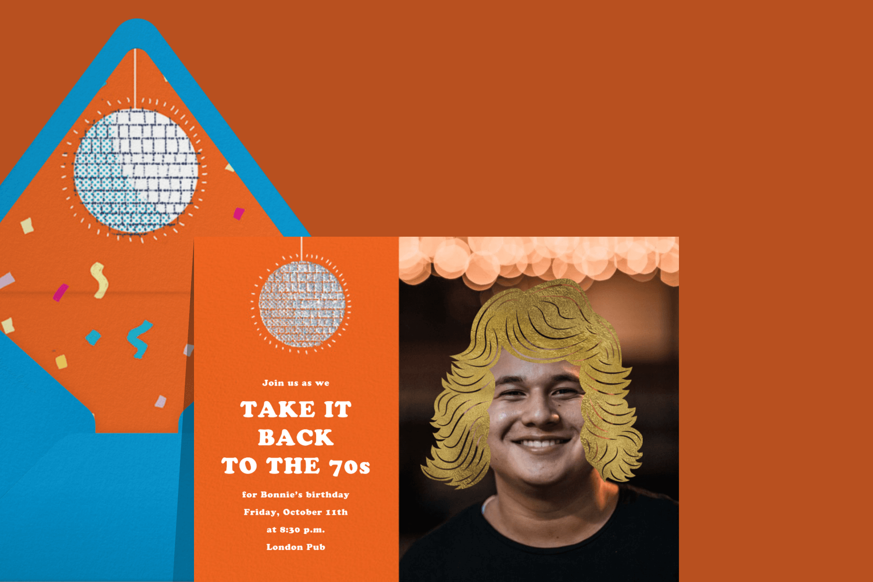 A party invitation with a disco ball and a picture of a man and a golf foil illustration of a feathered hairstyle superimposed on top.