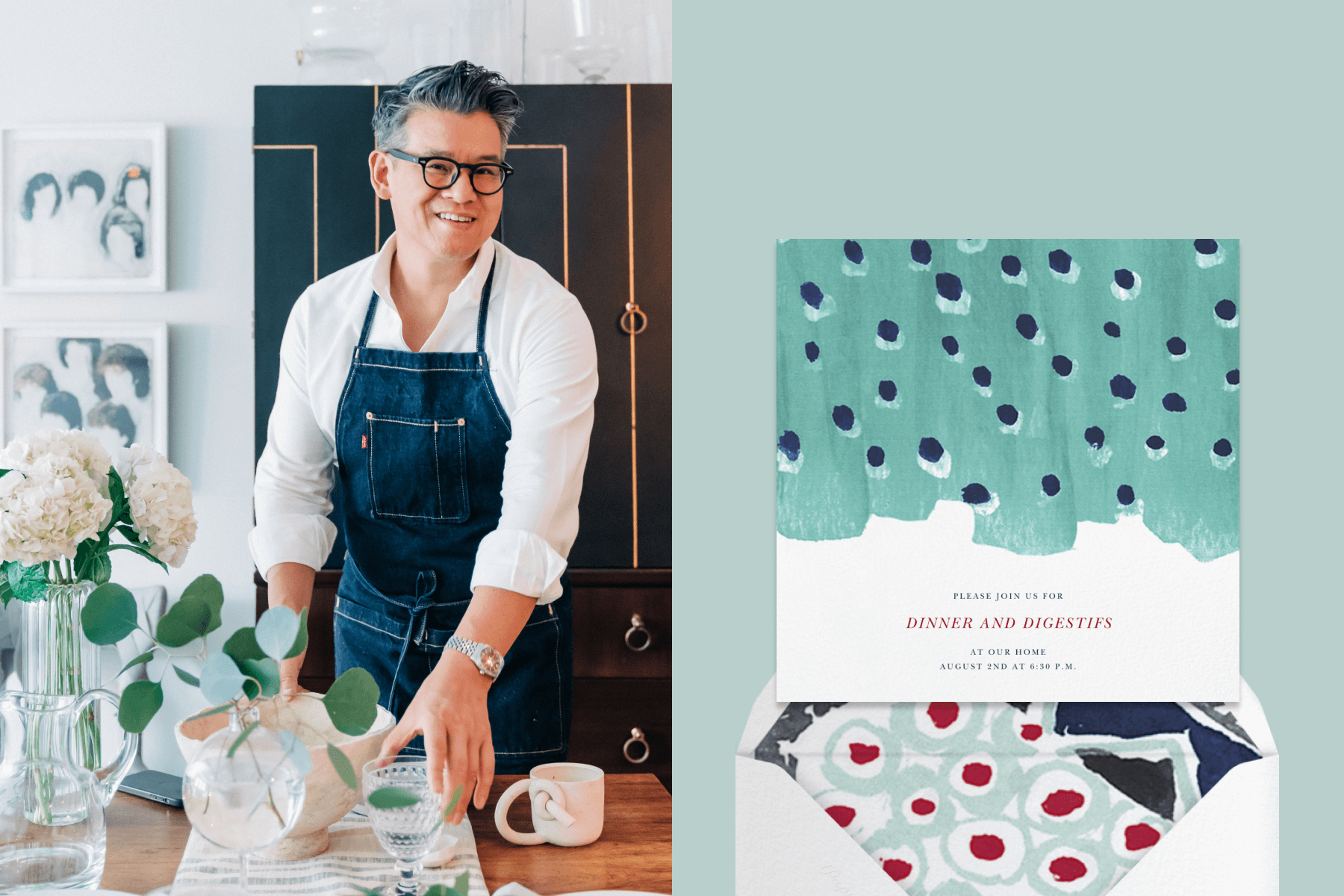 Left: Peter Som in his home putting a bowl on a table with flowers; Right: A dinner invitation featuring teal and blue dots.