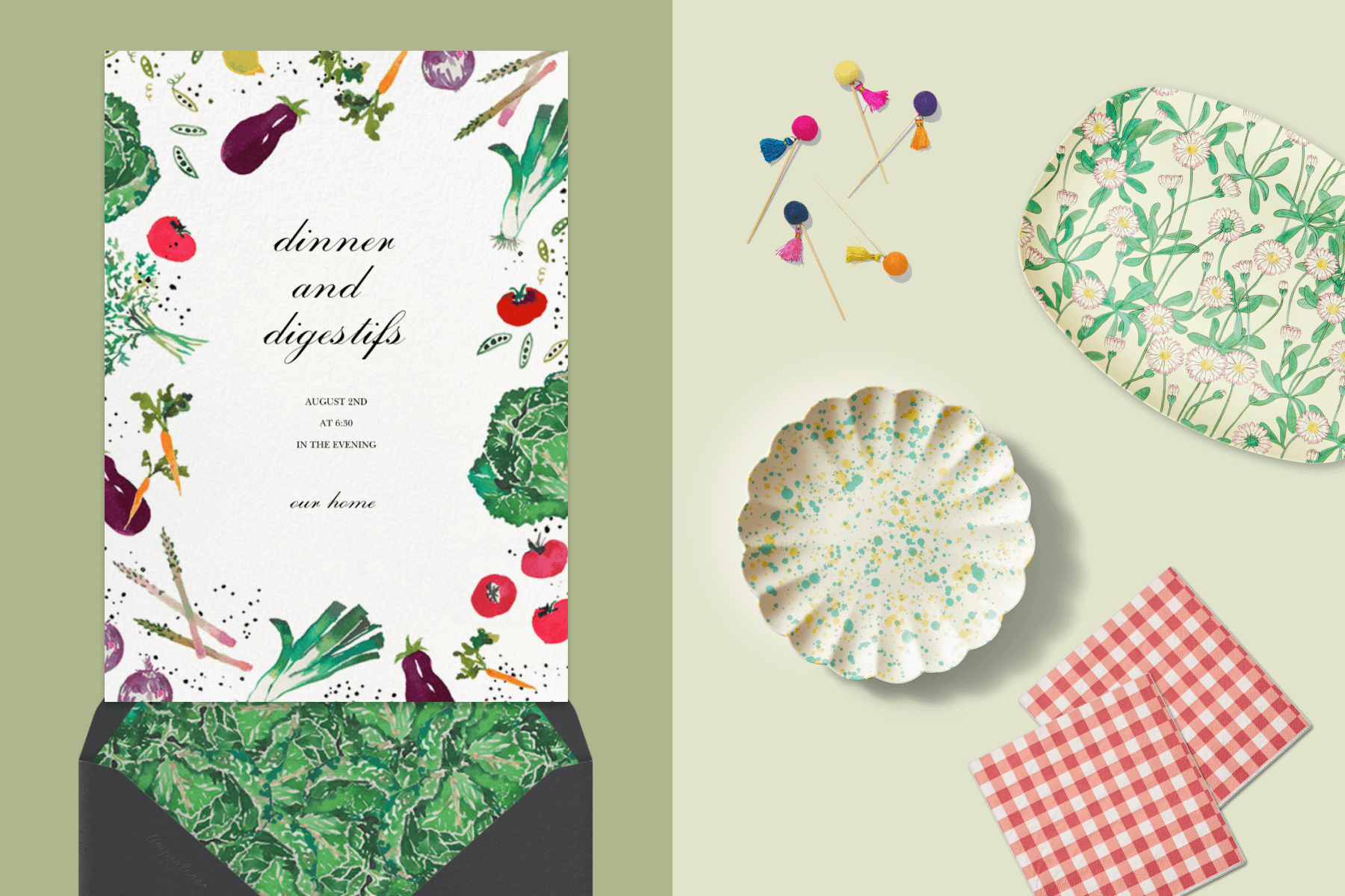 Left: A dinner party invitation featuring watercolor vegetables; Right: Party Shop supplies including plates and napkins.