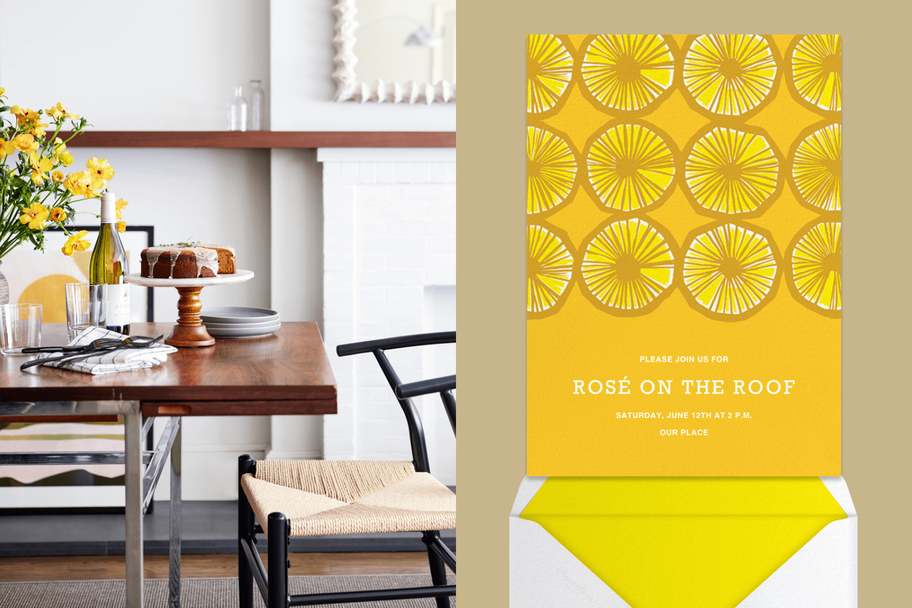 Left: A table set with wine and a bundt cake; Right: An invitation featuring illustrations of lemons.