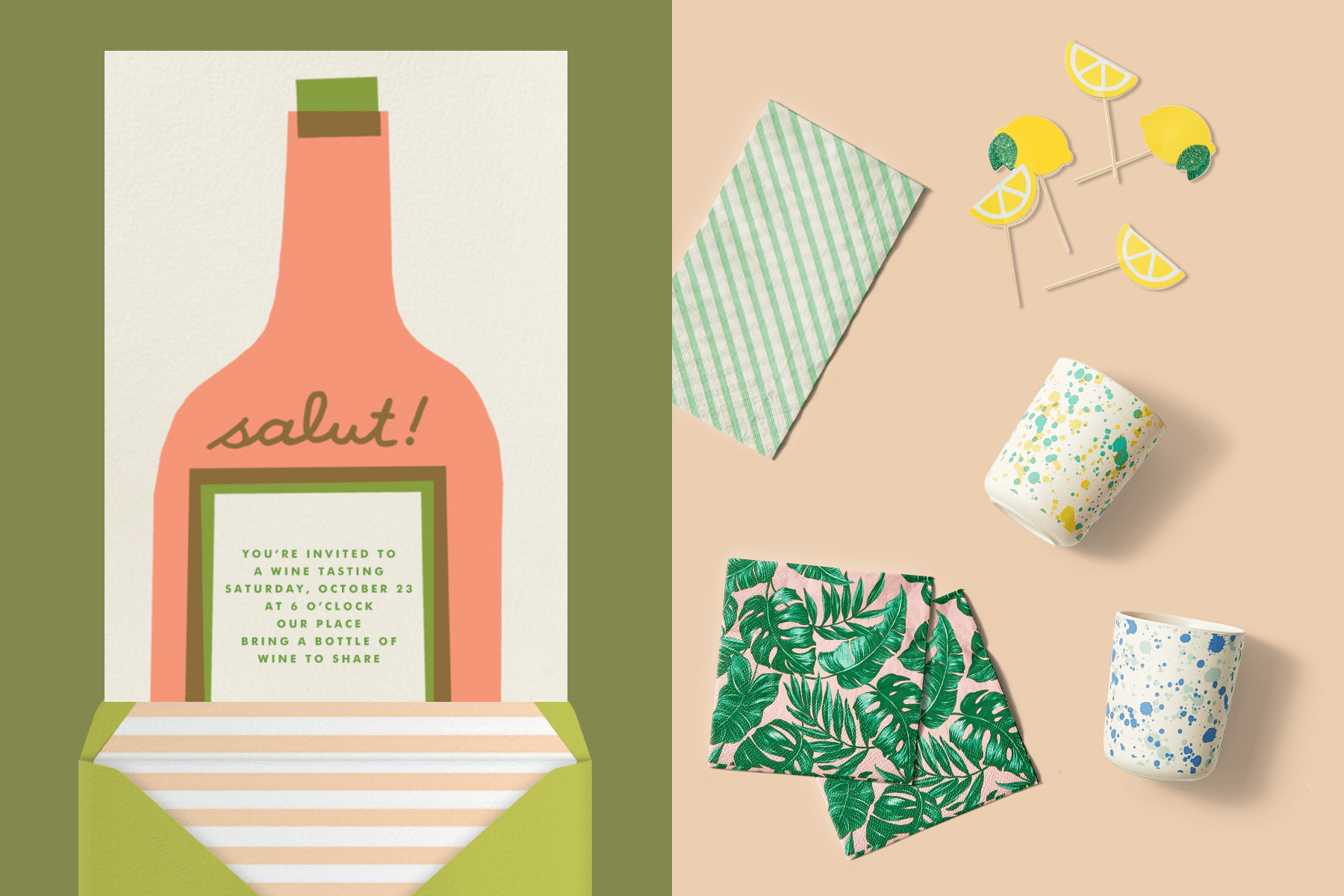 Left: An invitation featuring an illustration of a bottle of wine; Right: Party Shop supplies including cups, toothpicks, and napkins.
