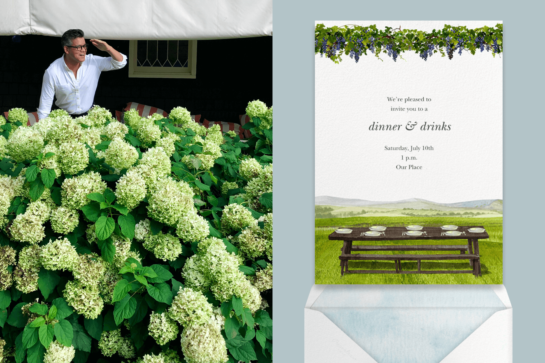 Left: Peter Som with a big hydrangea bush; Right: A dinner invitation featuring a picnic table and grape vines.