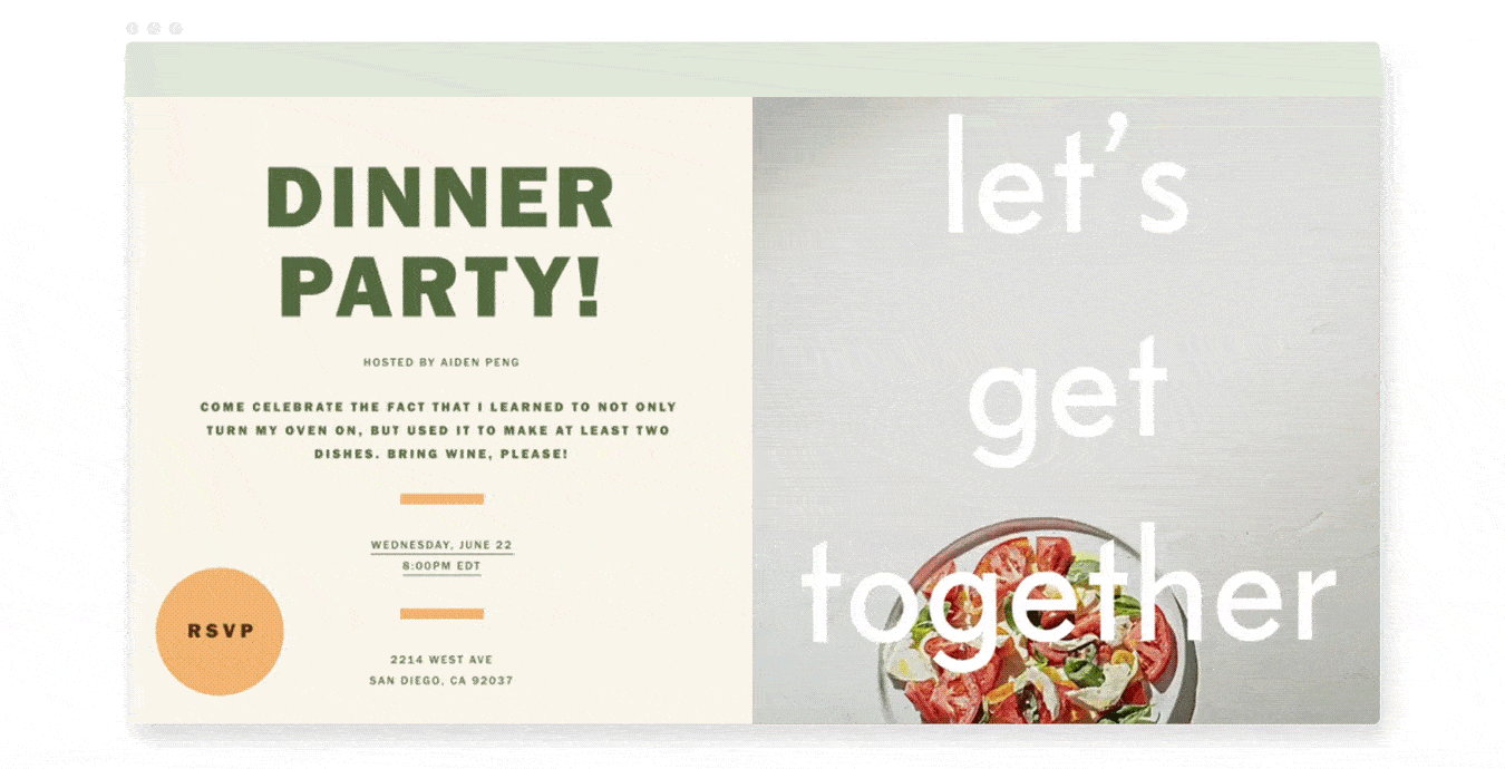 An animated party invitation with dinner plates zooming in from different directions.