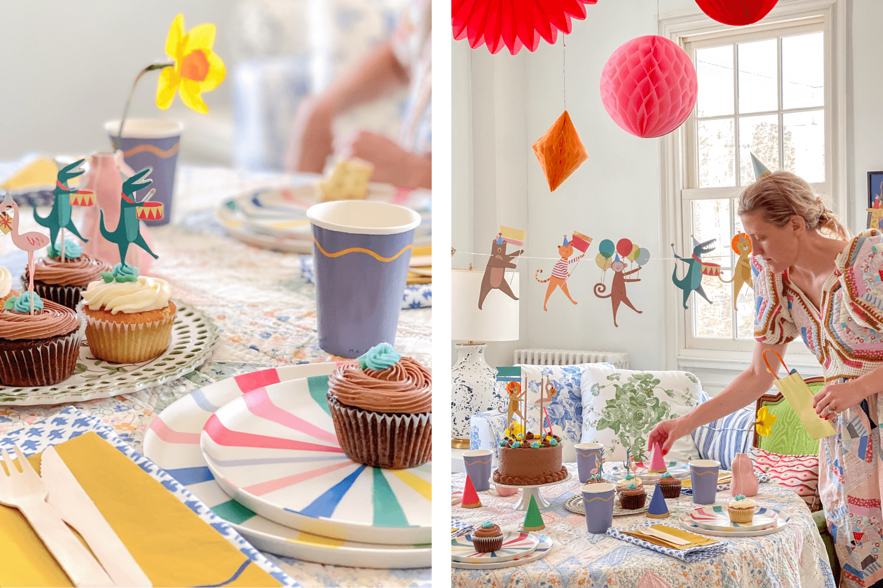 Left: Kids' birthday party table set with rainbow and animal-themed decor. Right: Woman, Eliza Harris of Sister Parish, adds finishing touches to her kids' birthday party table featuring animal-themed decor. 