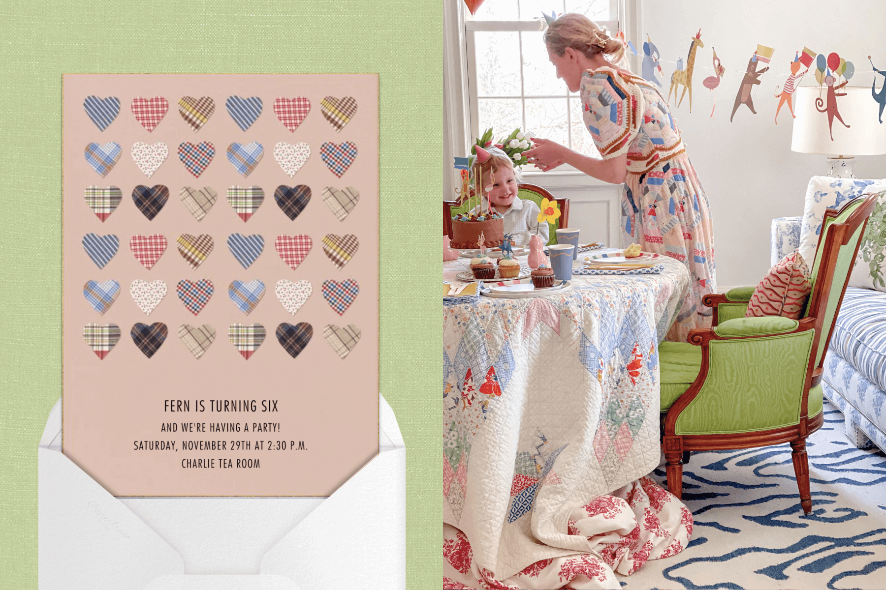 Left: Light pink birthday party invitation featuring rows of quilted hearts. Right: Woman, Eliza Harris of Sister Parish, serves her son chocolate cake while wearing a colorful quilted dress. The table is set with a quilted tablecloth and animal-themed birthday party decorations. 