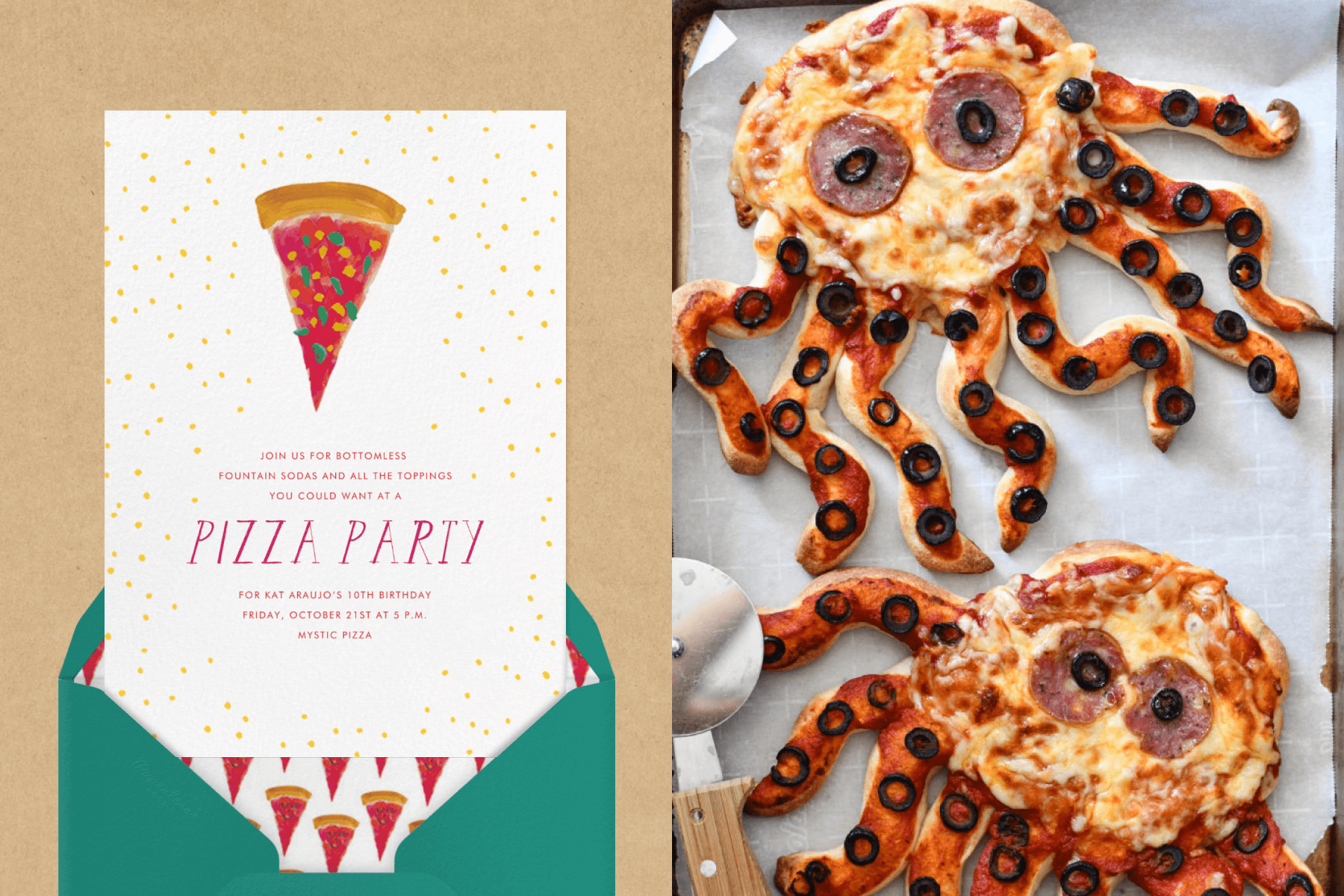 Left: Pizza-themed kids' birthday party invitation coming out of a turquoise envelope. Right: Pizzas made in the shape of two octopus. 