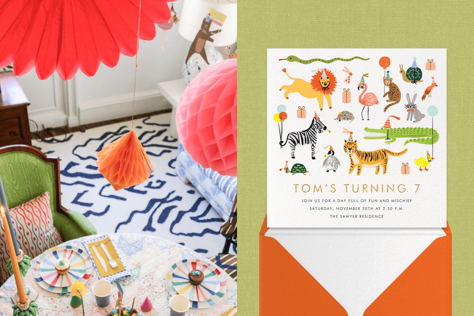 Left: View from above a kid's birthday party table set with rainbow plates. Colorful honeycomb decorations hang from the ceiling. Right: Animal-themed kids' birthday party invitation coming out of an orange envelope. 