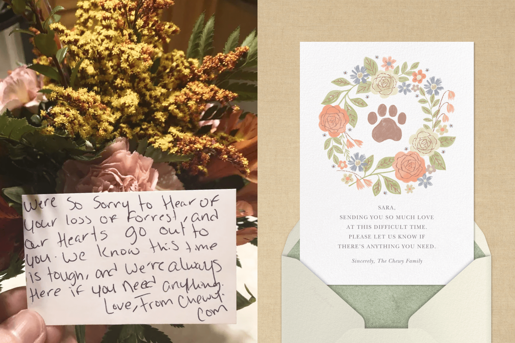Left: A handwritten condolence letter and flowers; Right: A pet condolence card with a floral motif.