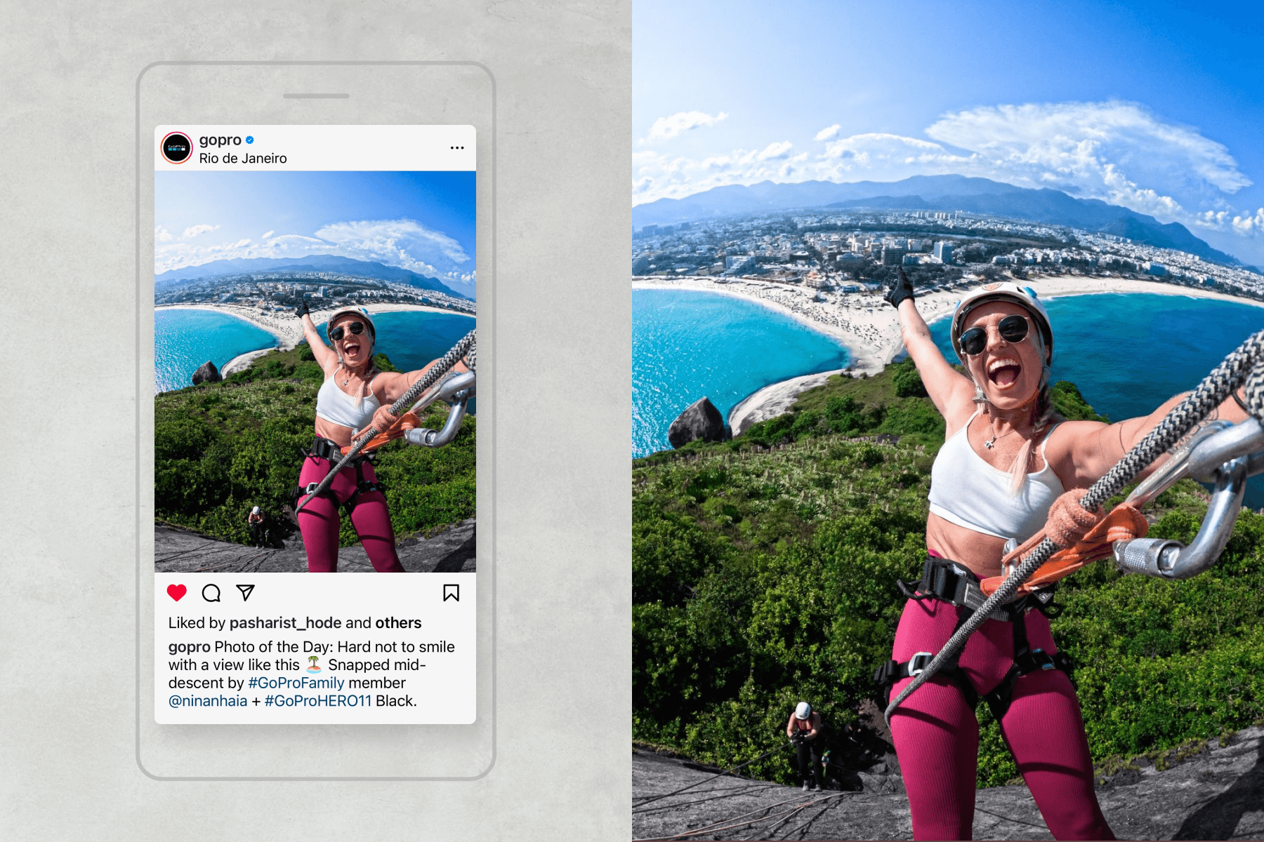 Left: A phone view of GoPro’s Instagram feed featuring a customer photo of a woman rock climbing; Right: A close-up view of the same photo.