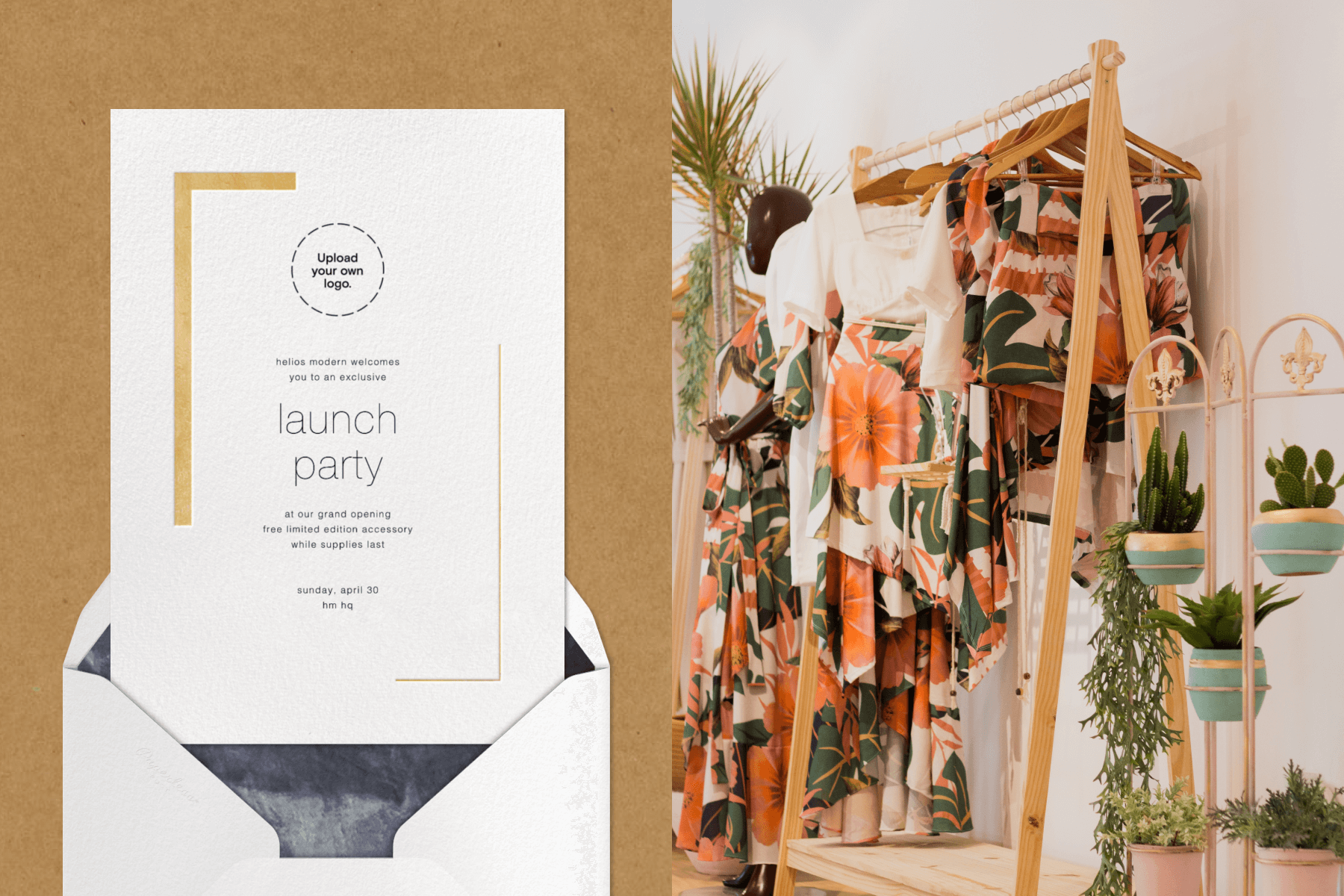 Left: A white and gold invitation with room to add a logo; Right: A rack of clothing with tropical prints.