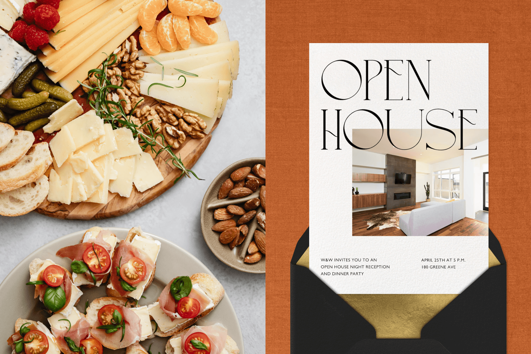 Left: An overhead image of three plates of different hors d’oeuvres; Right: An open house invitation with space to upload a photo.