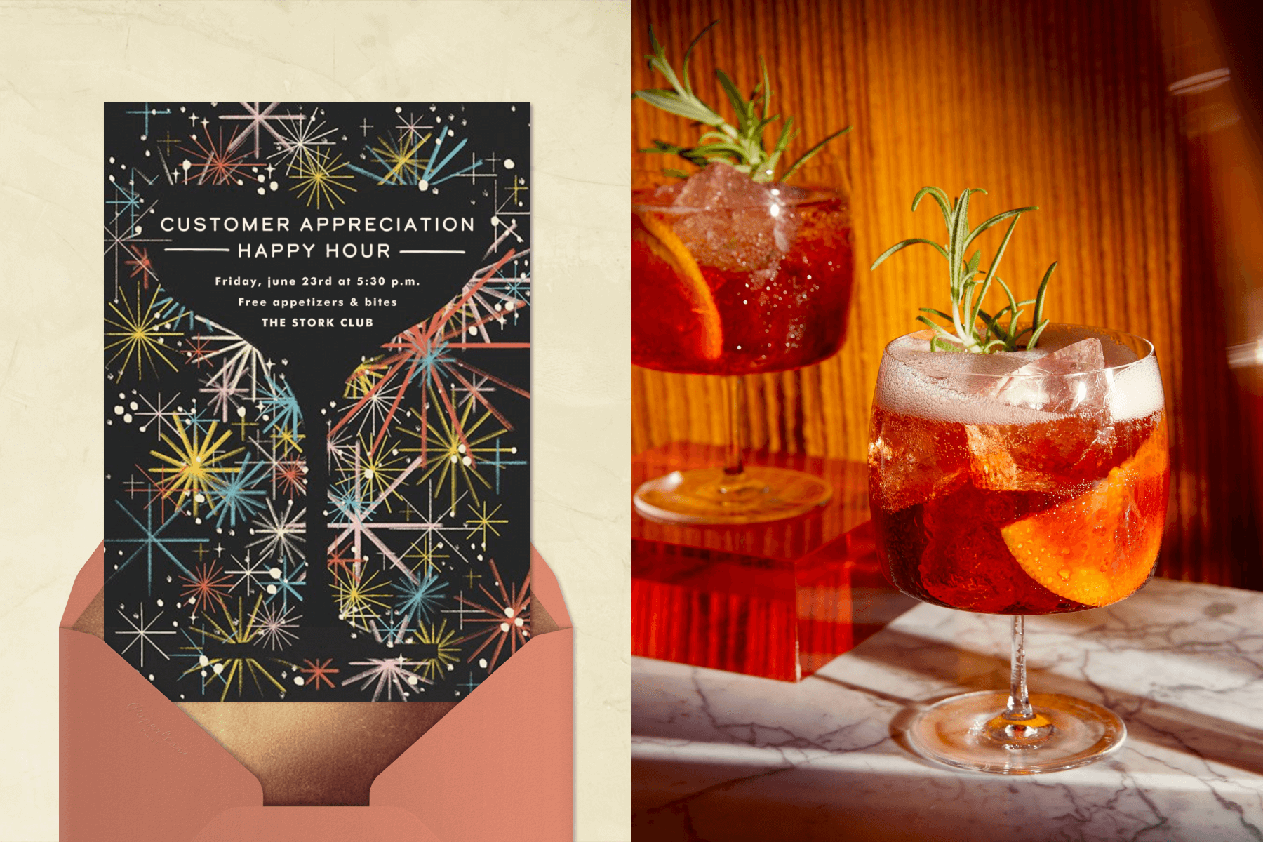 Left: A customer appreciation happy hour invitation with fireworks illustrations; Right: Two cocktails with elegant lighting.