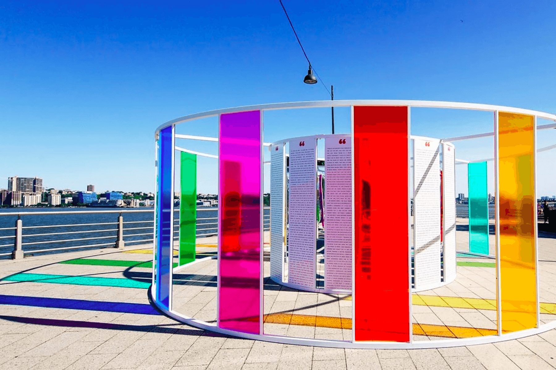 Rainbow glass art installation in New York’s Hudson River Park.