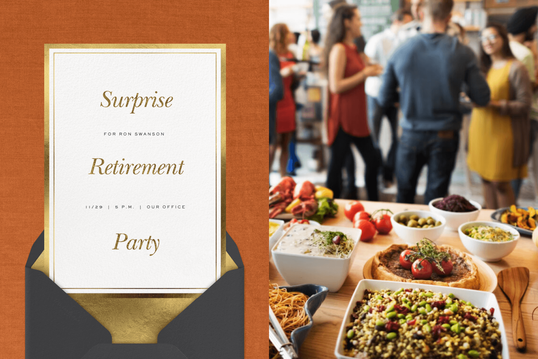 Left: A retirement party invitation has a double gold border and the words “Surprise Retirement Party” floating in the center over a black envelope with gold liner. Right: A table filled with summer-y vegetarian dishes and several people mingling in the background.