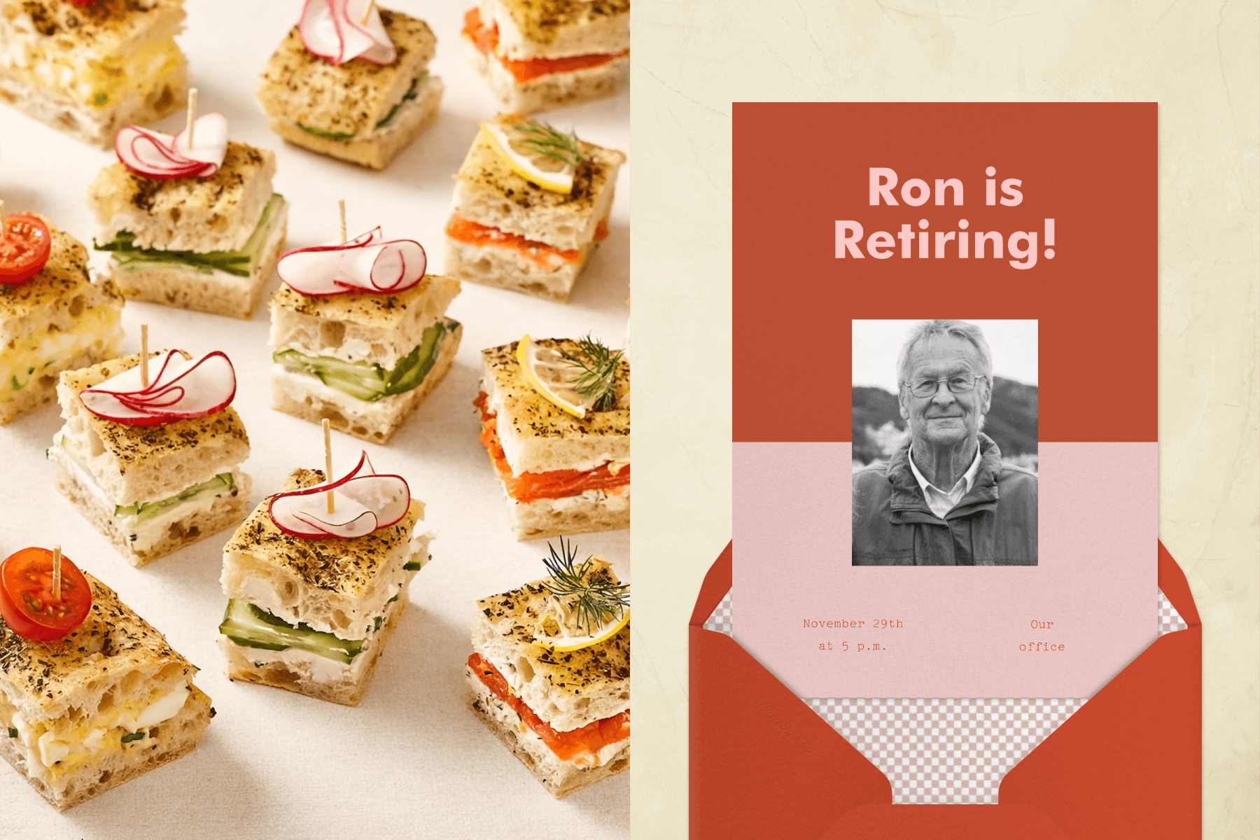 Left: Several small finger sandwiches held together with toothpicks. Right: A retirement invitation is red on top and pink on bottom with a black and white photo of an older man and the phrase “Ron is Retiring!” There is a matching red envelope with a pink checkered liner.