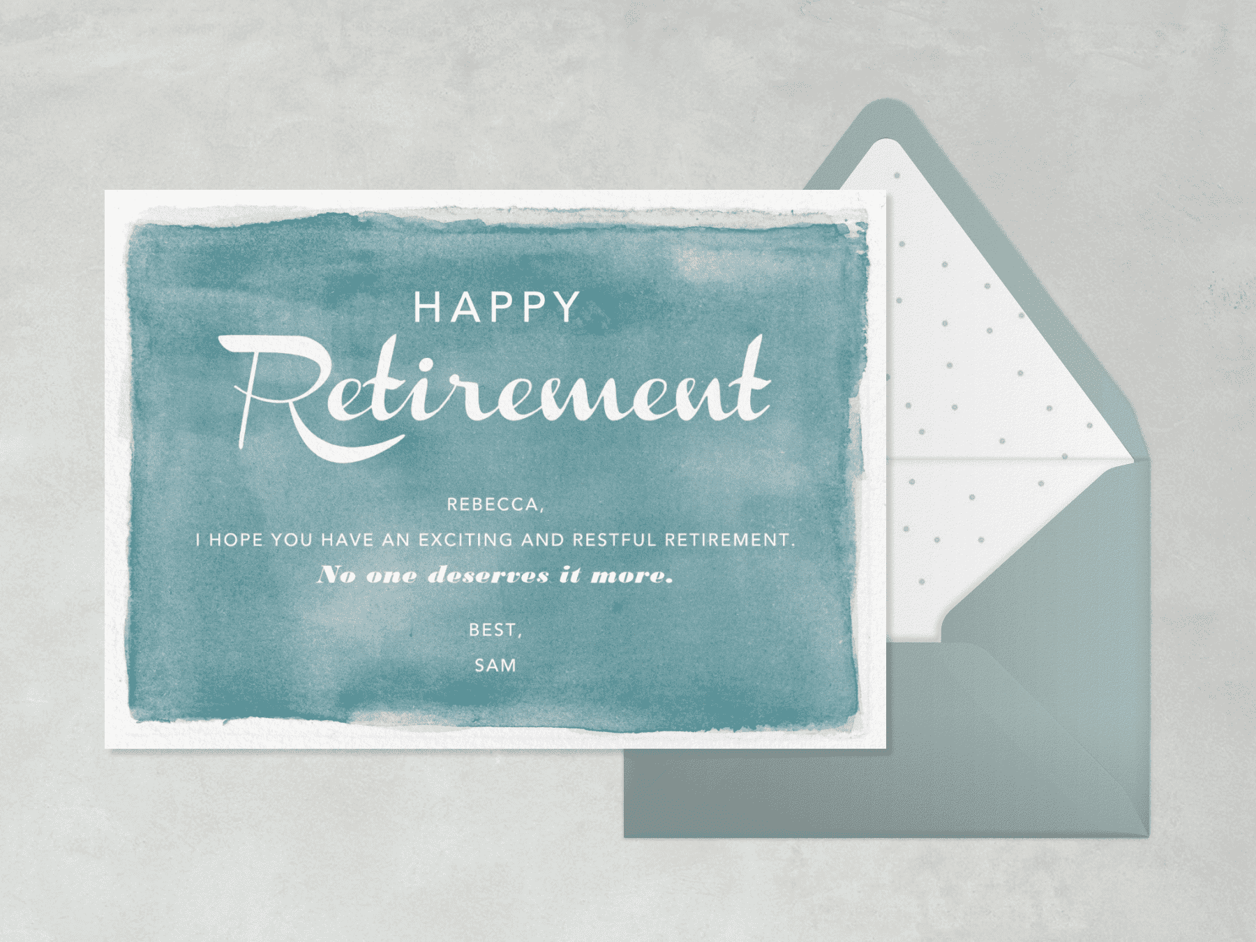 A retirement greeting card with turquoise watercolor background and clean white border and the words “Happy Retirement.” There is also a gray-green envelope with polka dot liner.