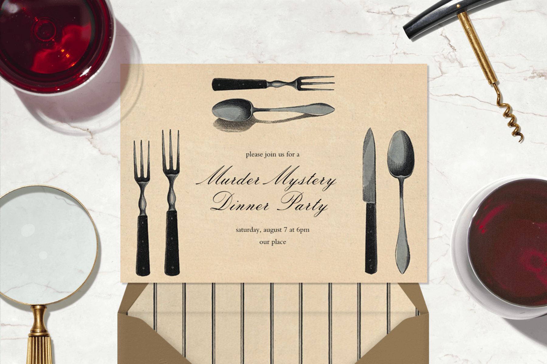 An invitation with ominous looking silverware on a table with wine, a corkscrew, and a magnifying glass.