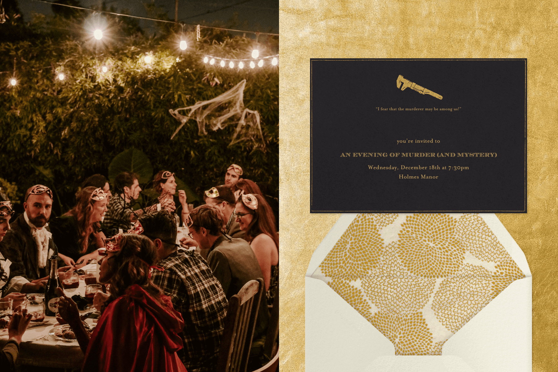 left: People dining outside at night wearing masquerade attire. Right: A black invitation with a small gold wrench.