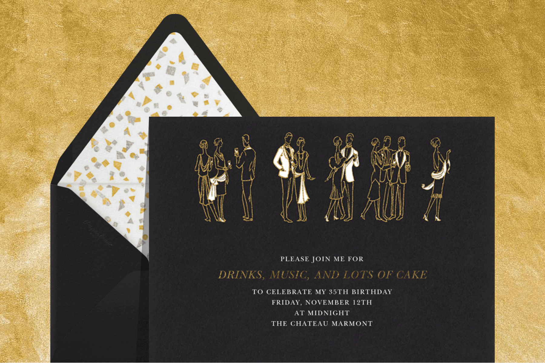 A black invitation with small gold sketches of party-goers wearing 1920s attire.