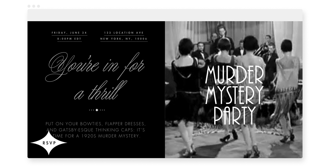 An online invitation for a murder mystery party with a black and white gif of flappers dancing.