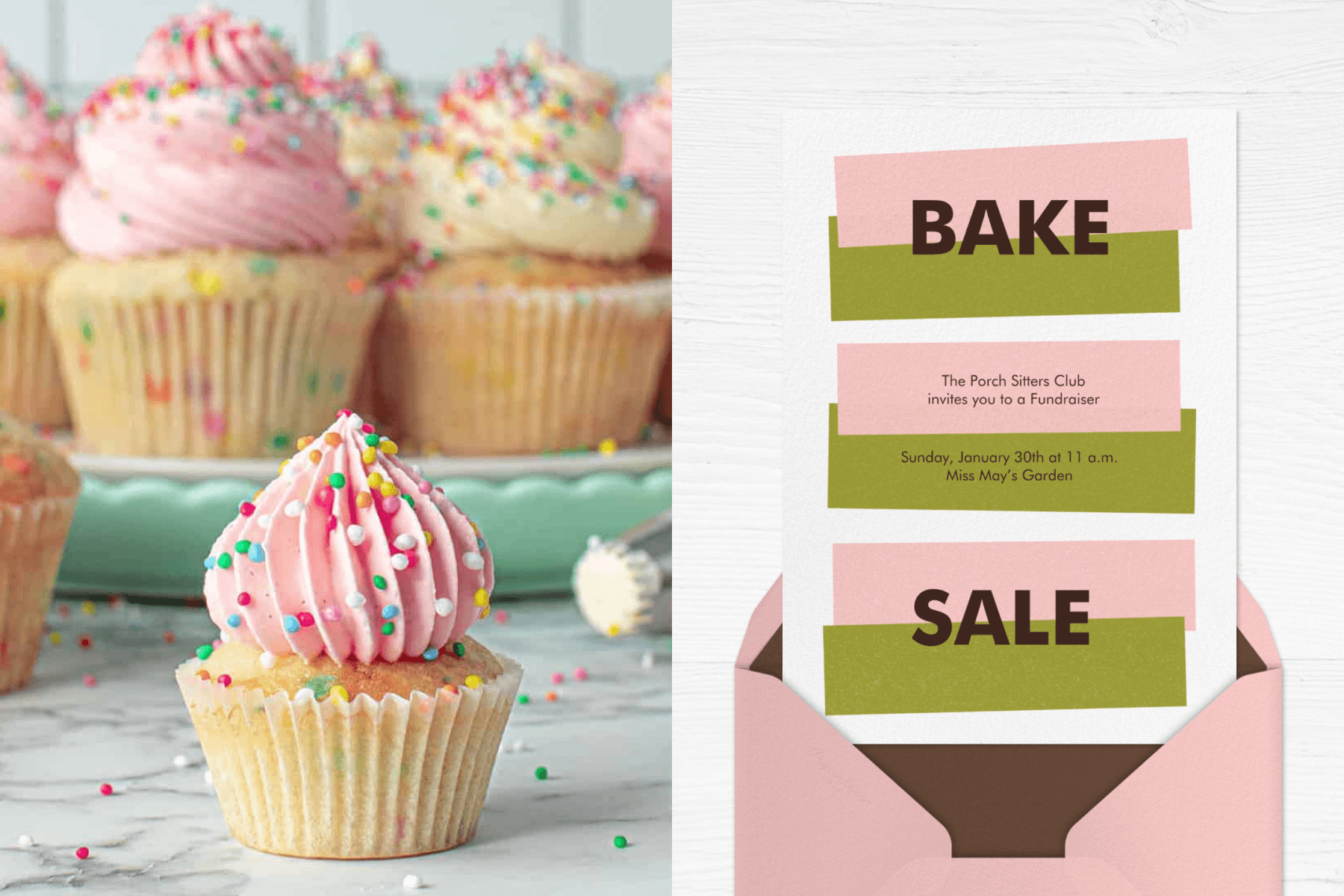 Left: A vanilla cupcake with pink frosting and rainbow sprinkles sits in front of several other cupcakes. Right: A bake sale invitation has three thick pink bars overlapping green bars to form an abstract shape, with a pink envelope and brown liner.