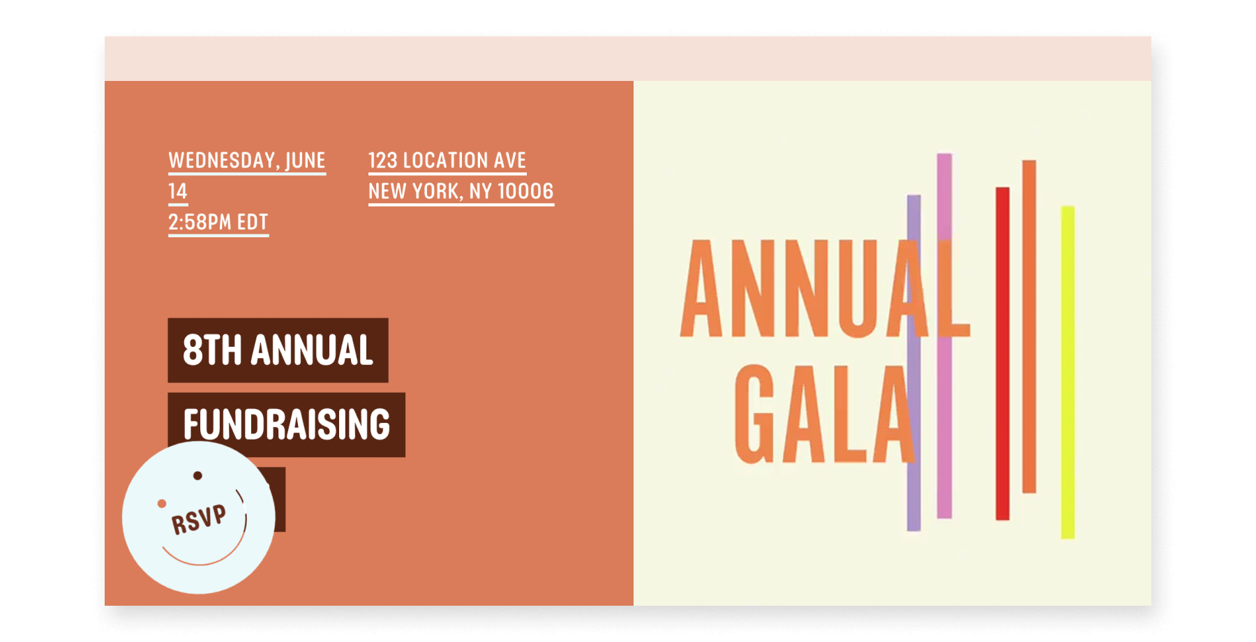 An online invite for an annual gala is salmon-colored on one side and cream on the other with colorful bars oriented vertically.