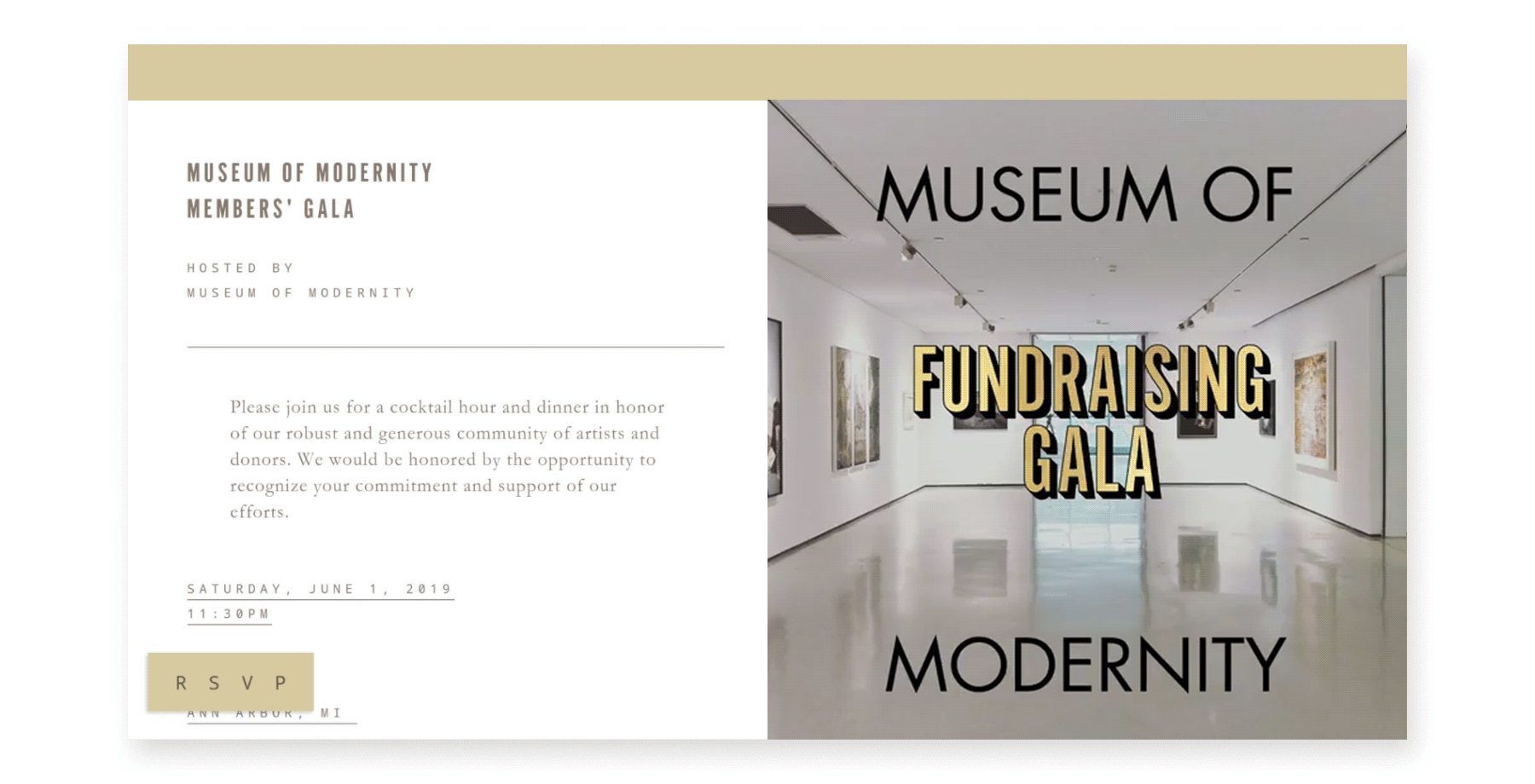 An online invite for a Museum of Modernity Fundraising Gala with a photo of an art gallery.