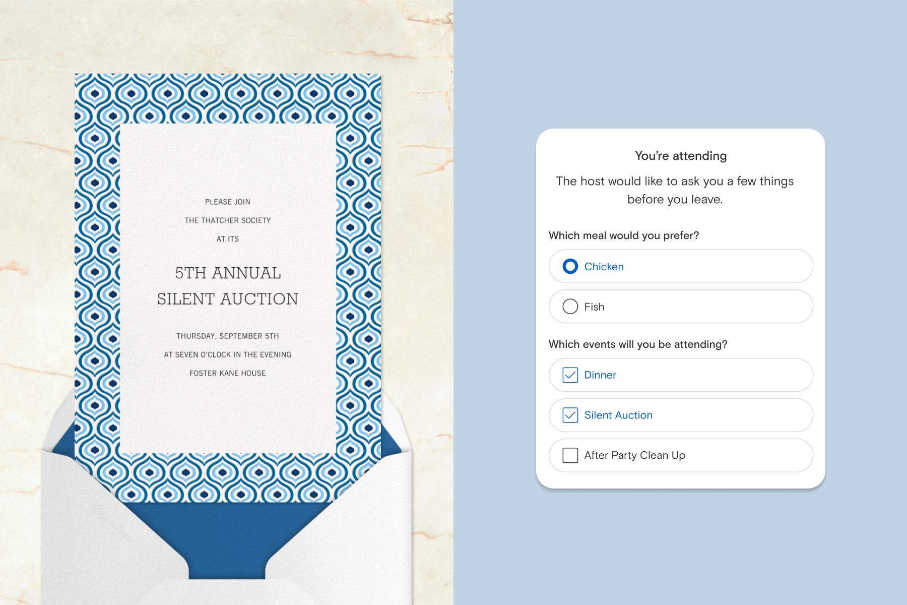 Left: A silent auction invitation has a patterned border with blue and white drop shapes on a white envelope with blue liner. Right: A screenshot shows a questions popup a Paperless Post invitation recipient would see, asking about their meal choice and which events they’ll be attending.