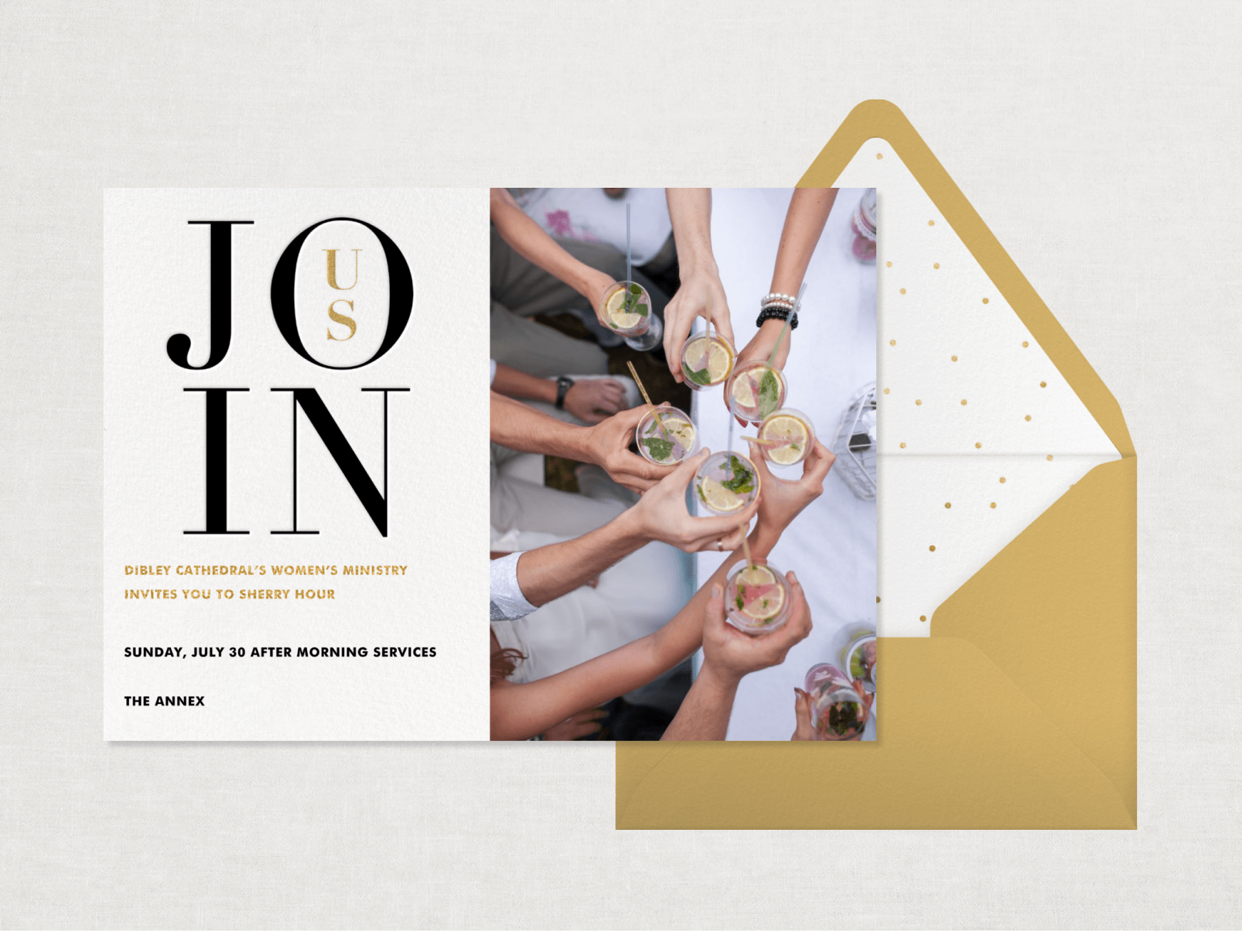 An invitation with the words “Join us” in large black and gold letters and a photograph of many hands clinking drinking glasses, next to a gold envelope.