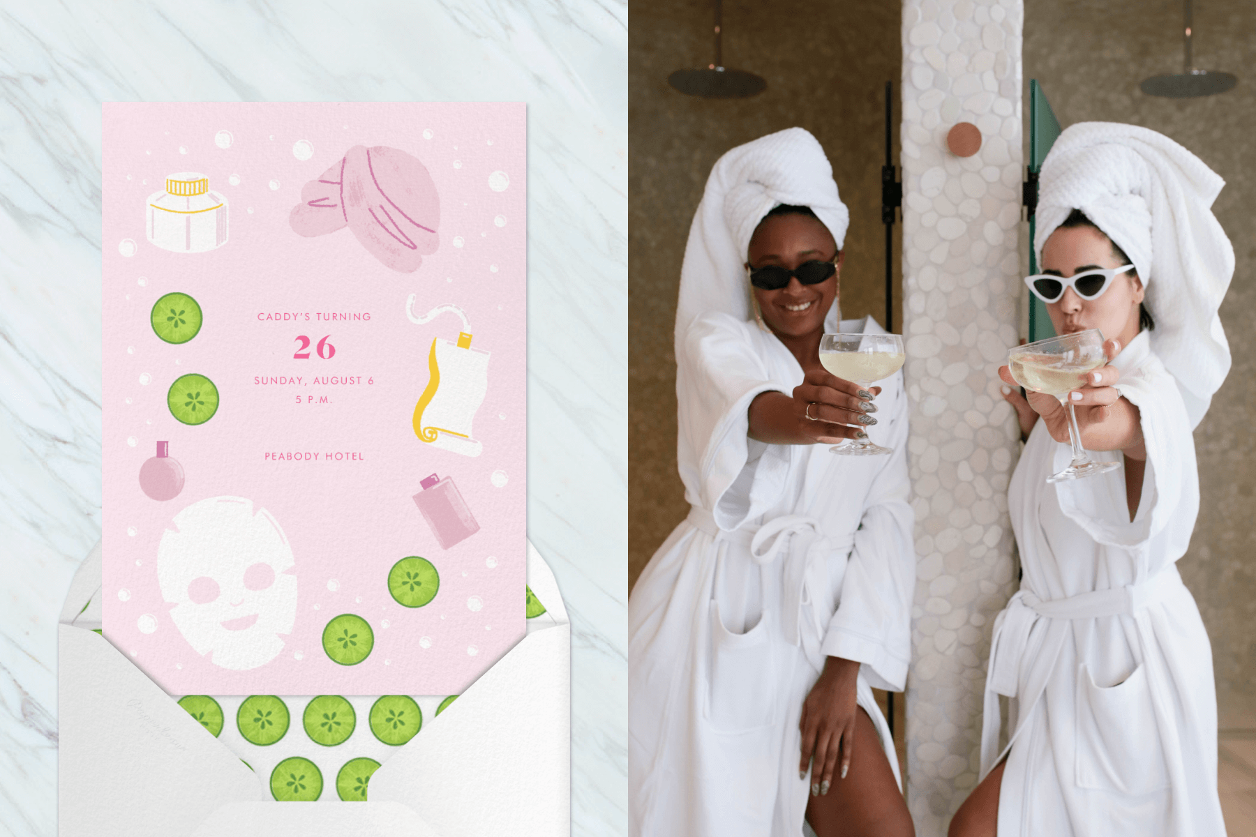 Left: A pink 26th birthday invitation with illustrations of spa items like a towel turban, cucumber slices, face mask, and lotion. Right: Two women wear white robes, hair towels, and sunglasses posing with coupe glasses in front of side-by-side showers.
