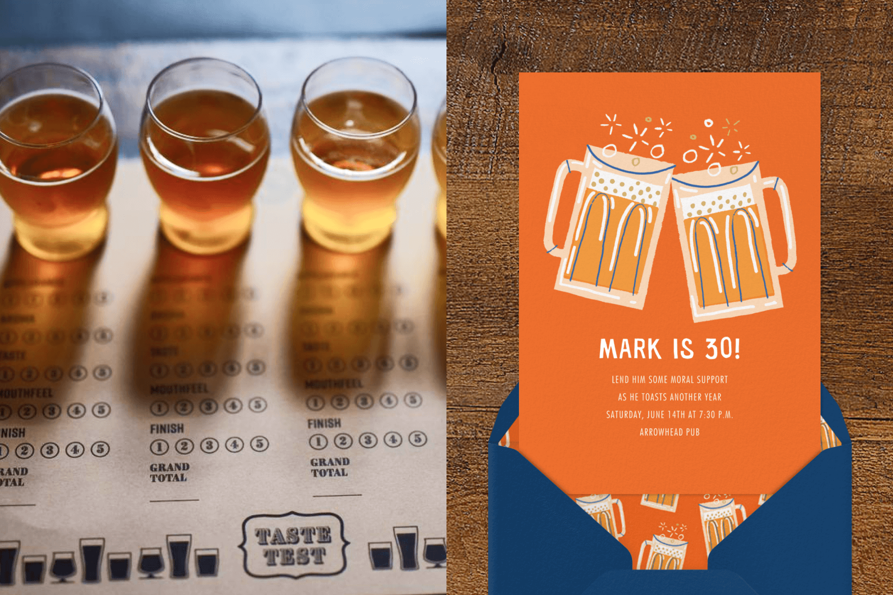 Left: A tasting flight of beer rests on a scorecard. Right: An orange 30th birthday invitation has an illustration of two beer mugs clinking above a navy envelope with matching liner.