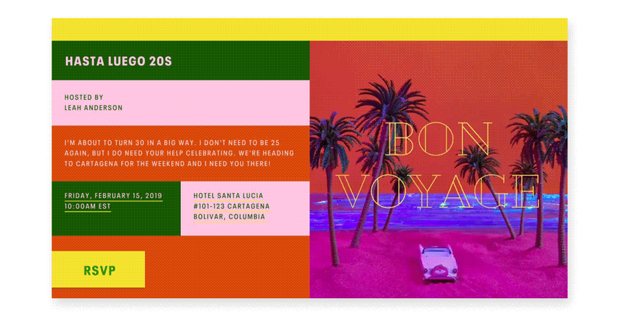 An online invite with party details in green, pink, yellow, and orange color blocks and the words “bon voyage” over an image of a vintage convertible on a sunset beach with palm trees.