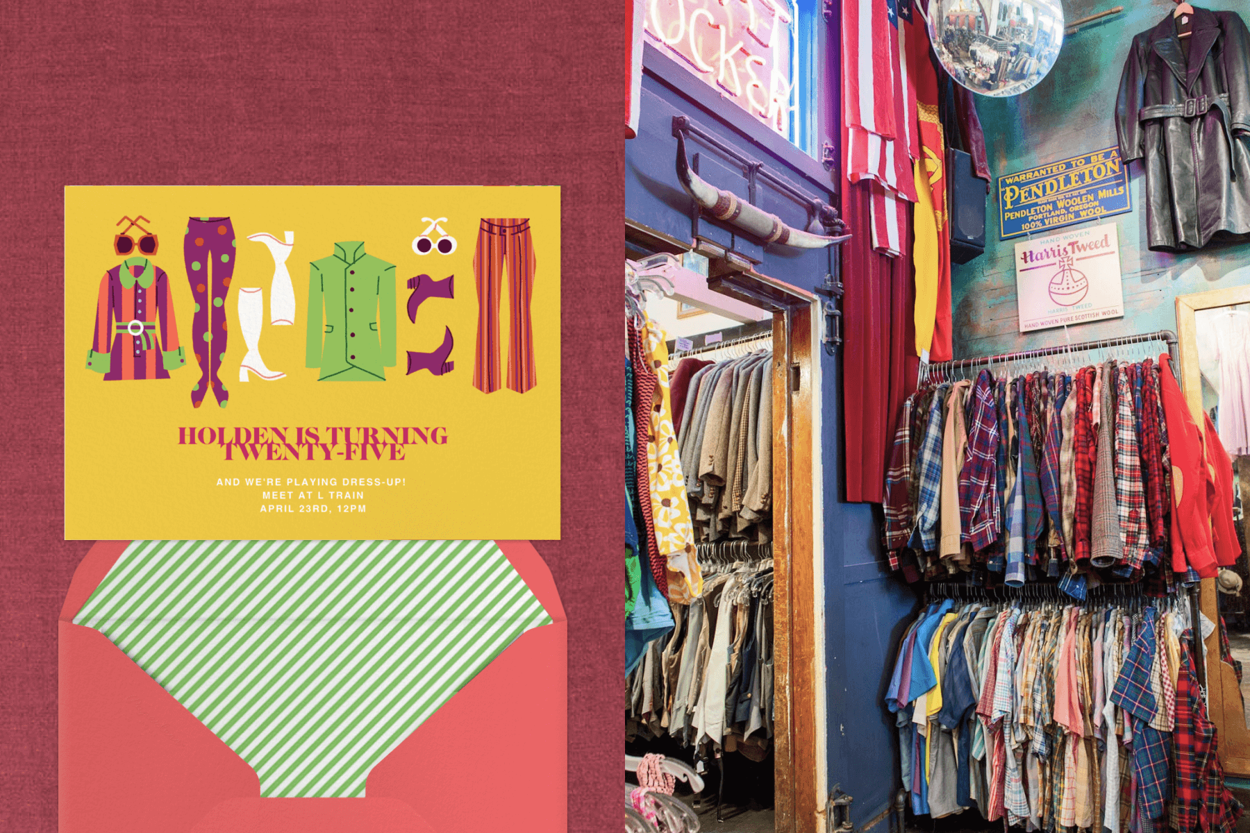 Left: A yellow 25th birthday party invitation with colorful illustrations of 1960s-style clothing, like a striped coat, large sunglasses, white boots, and striped pants on a red backdrop. Right: The colorful interior of a vintage clothing store with shirts hanging on wall racks.