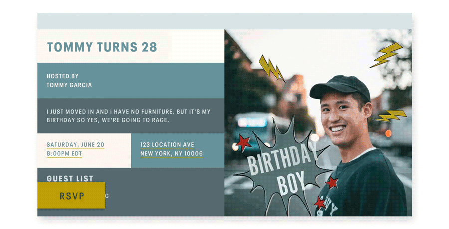 An online invite for a 28th birthday with details in blue, gray, and white color blocks and a photo of a man with the words “birthday boy” overlaid in a comic book “splat” shape with lighting bolts.