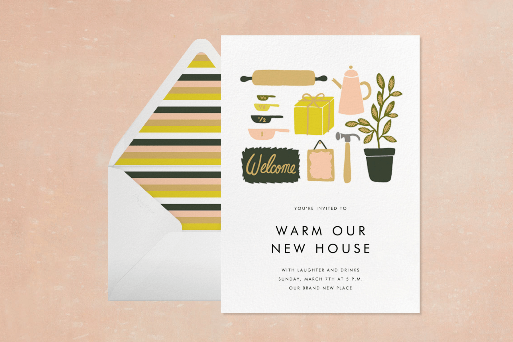 An invitation reads “Warm our new house” with illustrations of a rolling pin, potted plant, welcome mat, measuring cups, a hammer, frame, tea kettle, and wrapped gift in shades of yellow, dark green, pink, and camel.