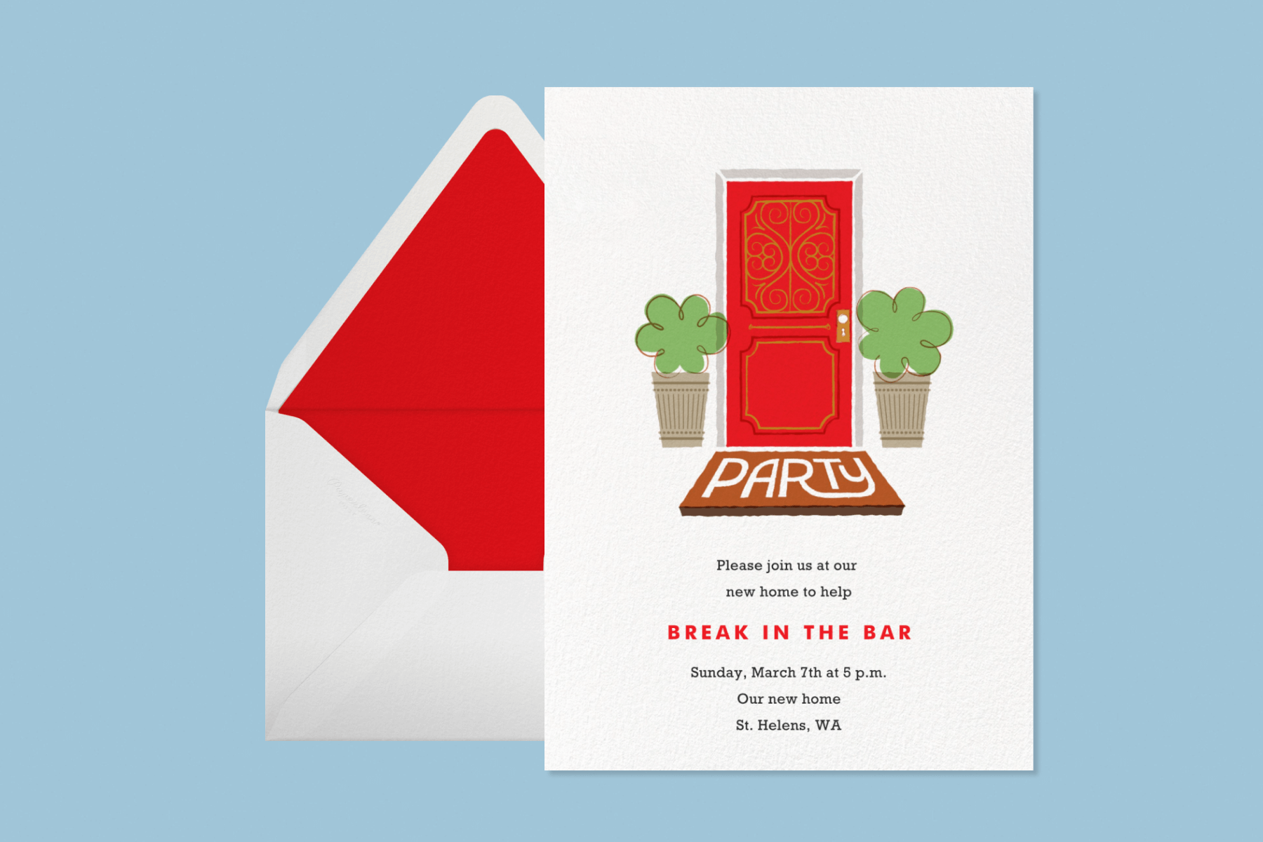 An invitation that reads “Break in the bar” with an illustration of a red door flanked by two potted shrubs and a doormat that says “Party.”