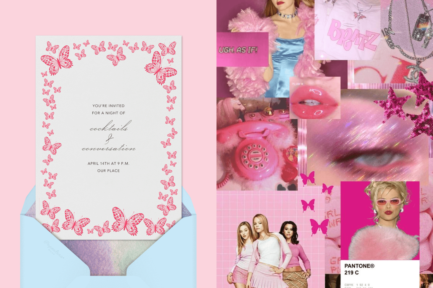 Alt text, left: An invitation with pink butterflies around the border. Right: A pink collage of nostalgic 2000s-related photos and imagery.