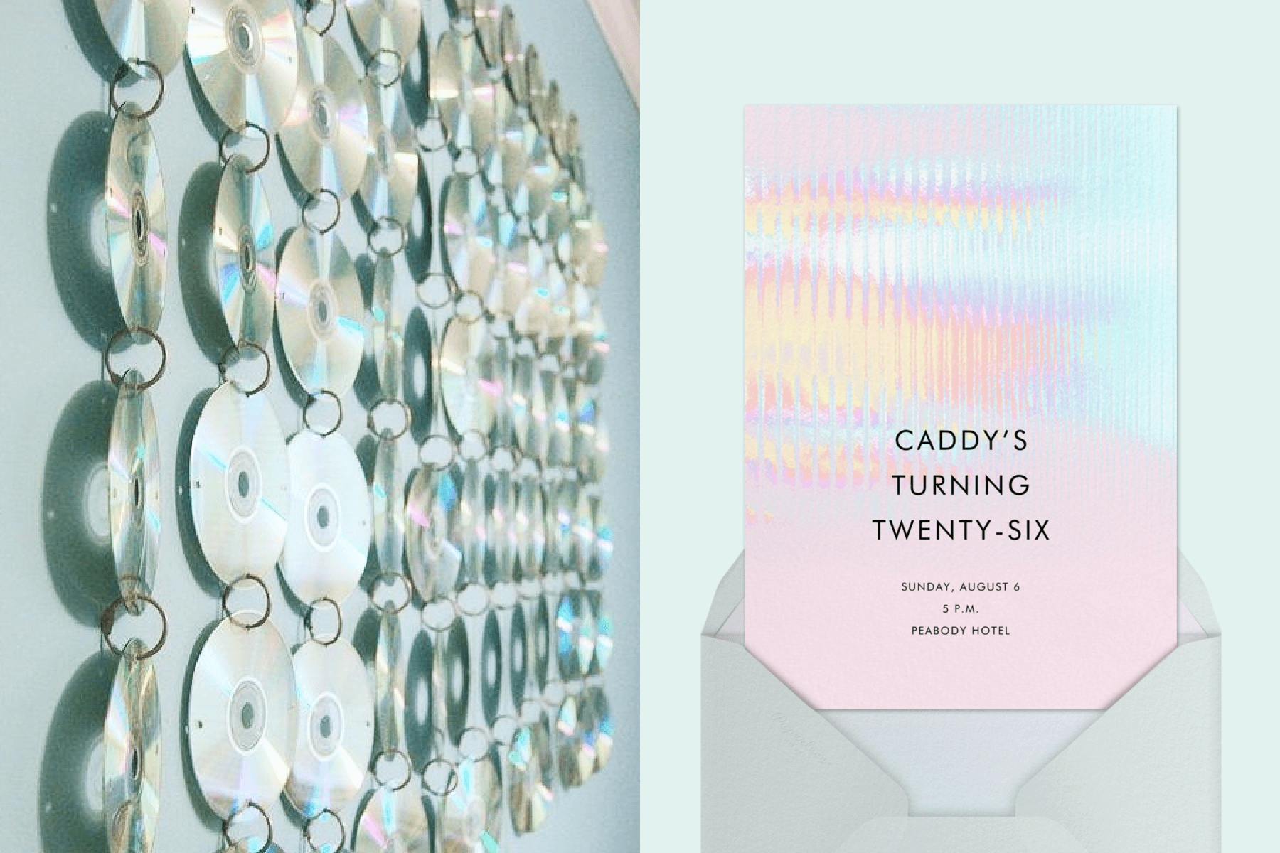 Alt text, left: CDs hang backwards artfully on a wall. Right: An invitation with abstract pastel patterns.