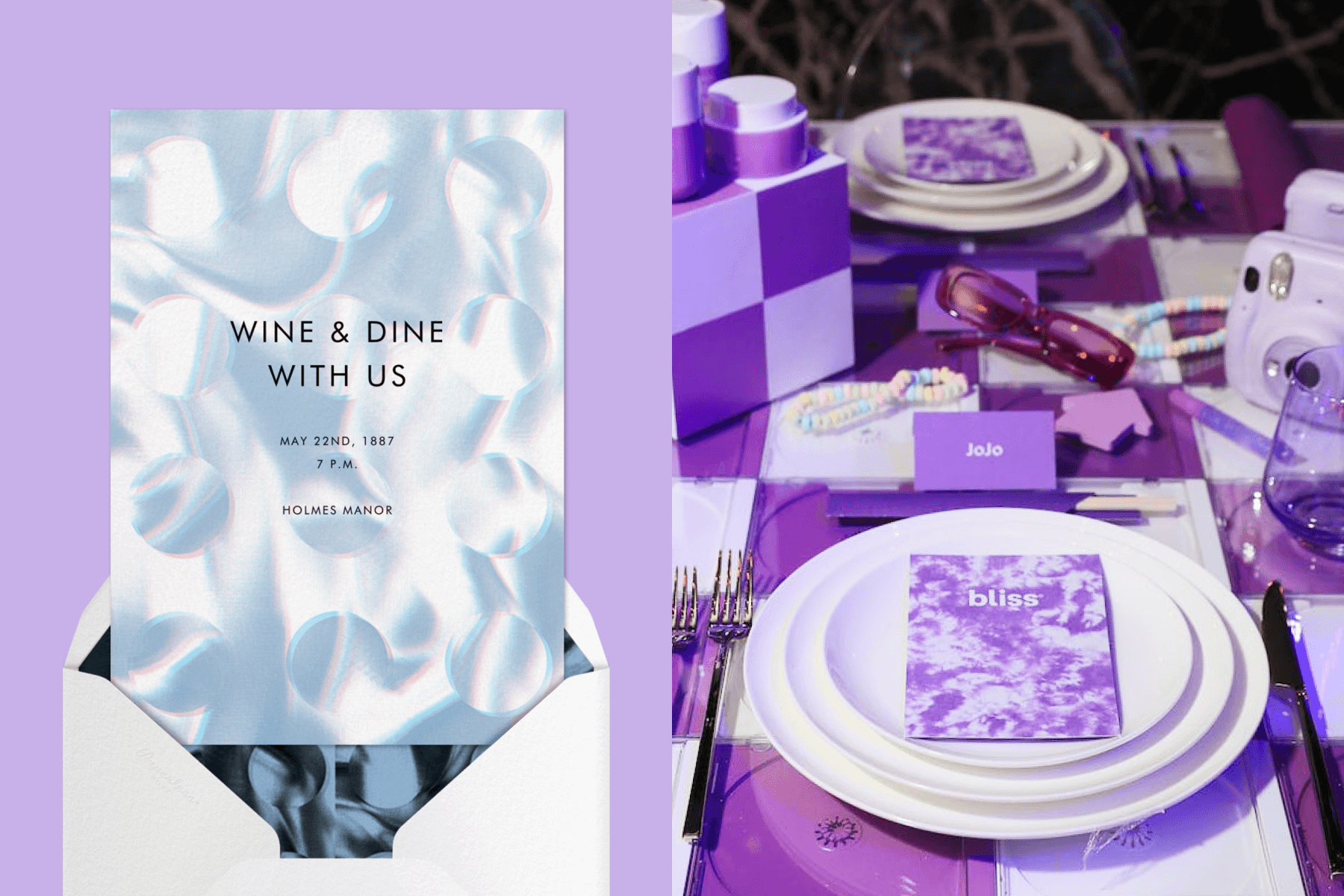 Alt text, left: An invitation with an abstract pale blue and white design. Right: A dinner table set with all purple supplies.