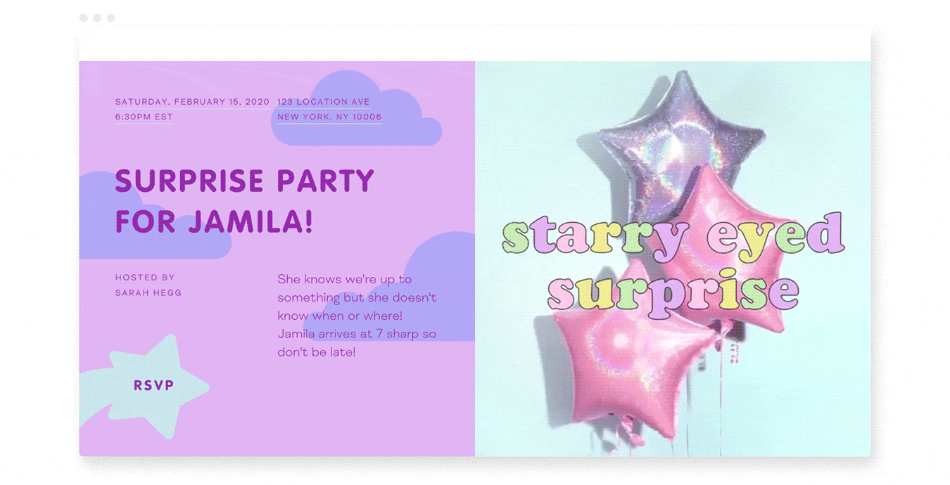 An online invitation with star-shaped mylar balloons.