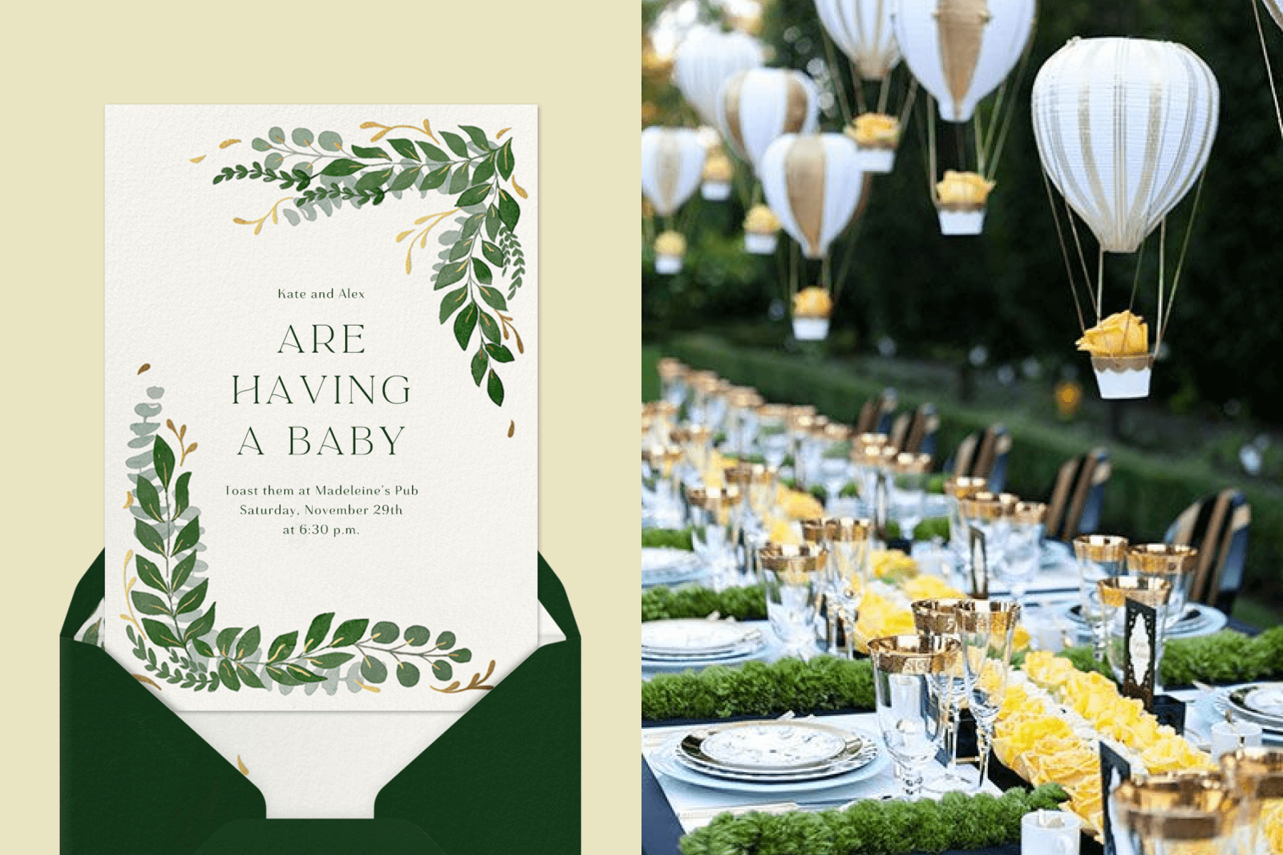 Left: A baby shower invitation with greenery illustrations; Right: A baby shower table setting with greenery, yellow roses, and hot air balloon decor.